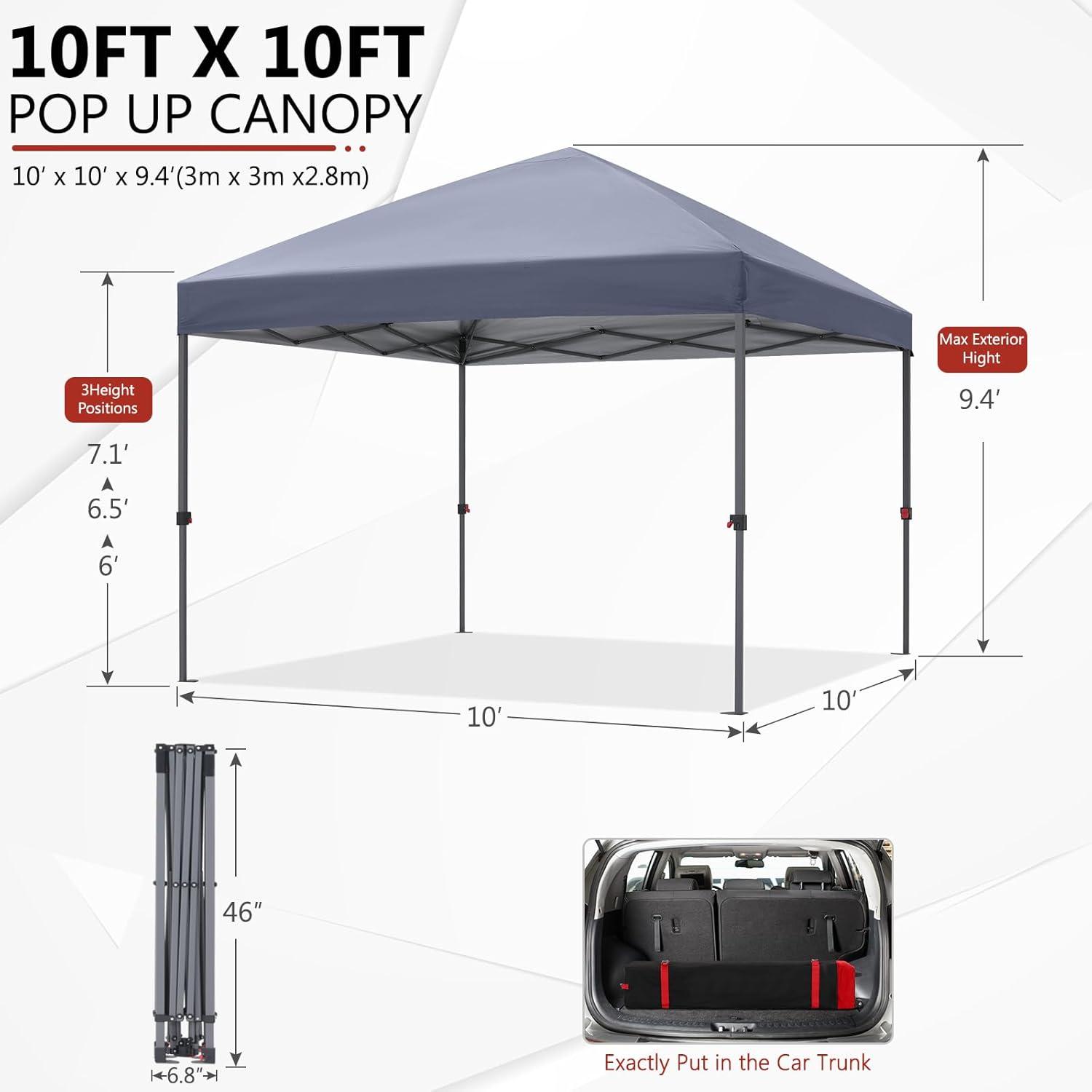ABCCANOPY 10 ft x 10 ft Easy Pop up Outdoor Portable Instant One Push Function Canopy Tent with Air Vent, Gray