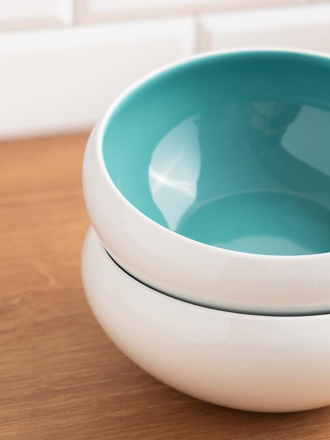 Porcelain Salad Bowls 7.2 x 3 in. Set Of 4 - Serving Bowl for Soup, Dessert, Ice Cream. Stackable Bowls for Oatmeal - Microwave, Oven, and Dishwasher Safe, Scratch Resistant 37 oz (Turquoise)