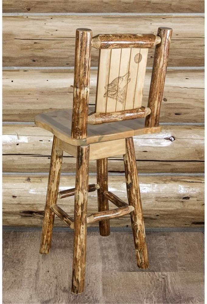 Rustic Lodge Pole Pine Swivel Barstool with Laser-Engraved Wolf