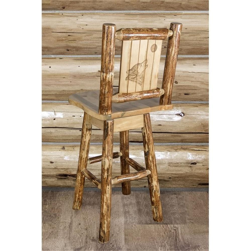 Rustic Lodge Pole Pine Swivel Barstool with Laser-Engraved Wolf