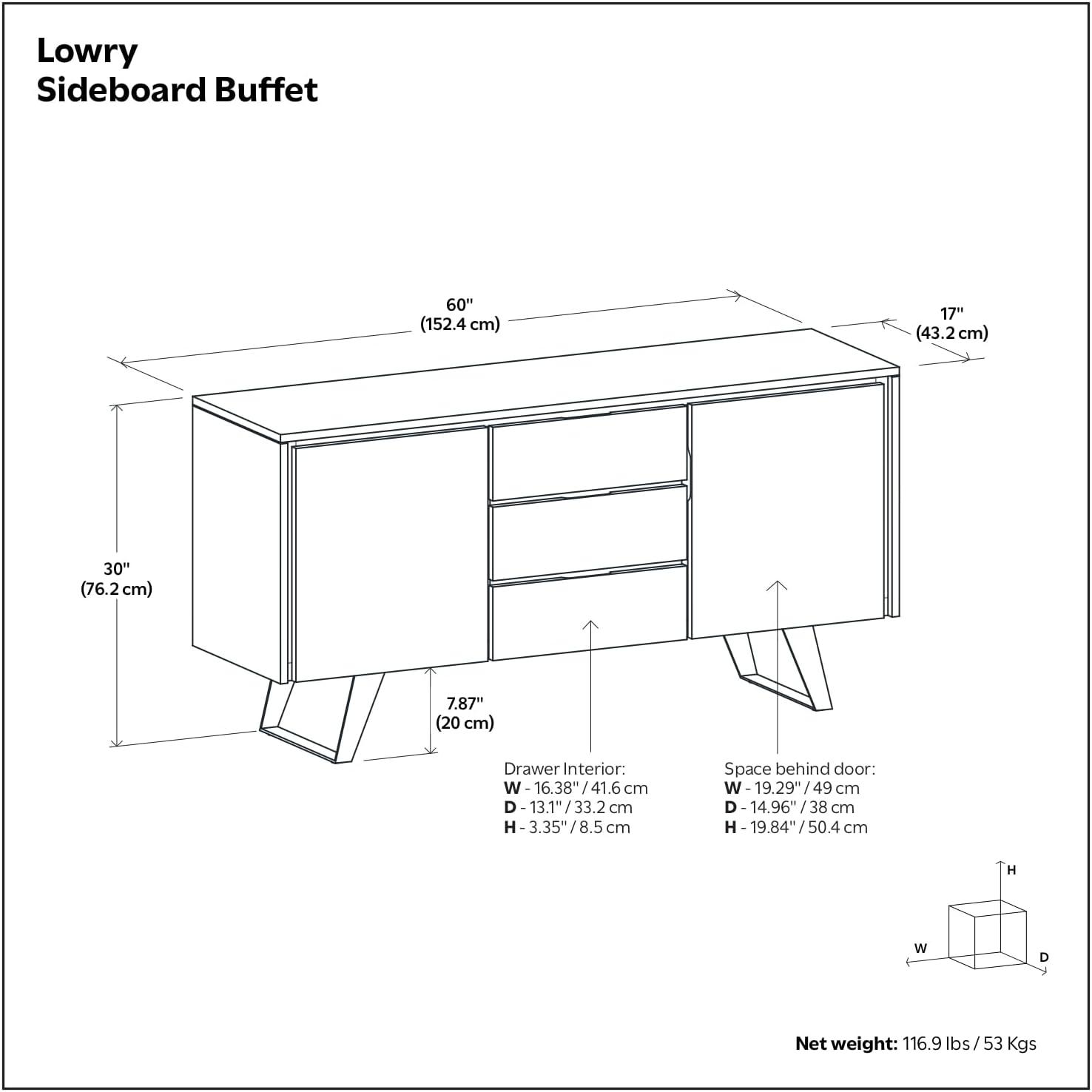 Simpli Home Lowry 60"W Solid Wood Modern Industrial 2-Door Sideboard Buffet with 3 Center Drawers