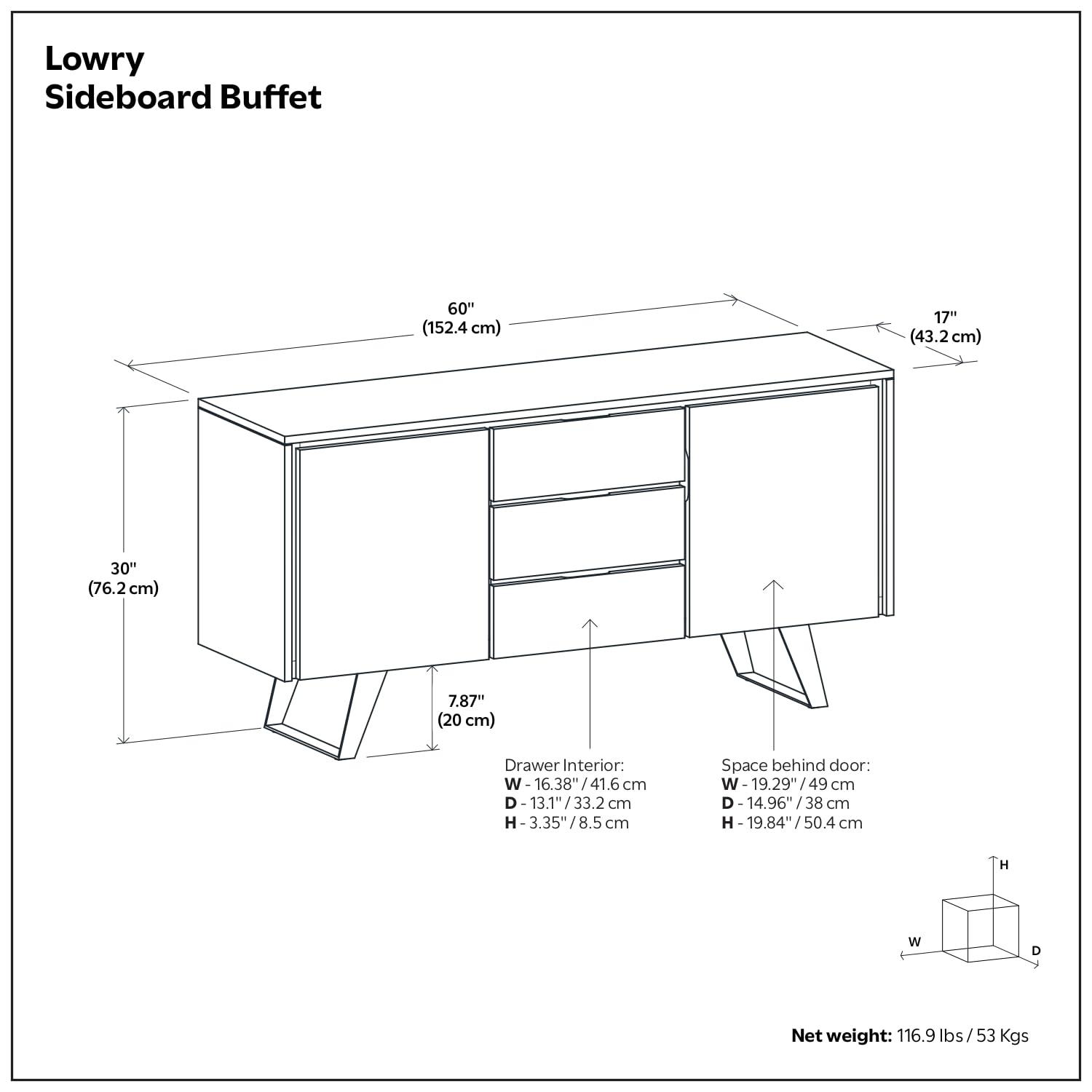 Simpli Home Lowry 60"W Solid Wood Modern Industrial 2-Door Sideboard Buffet with 3 Center Drawers