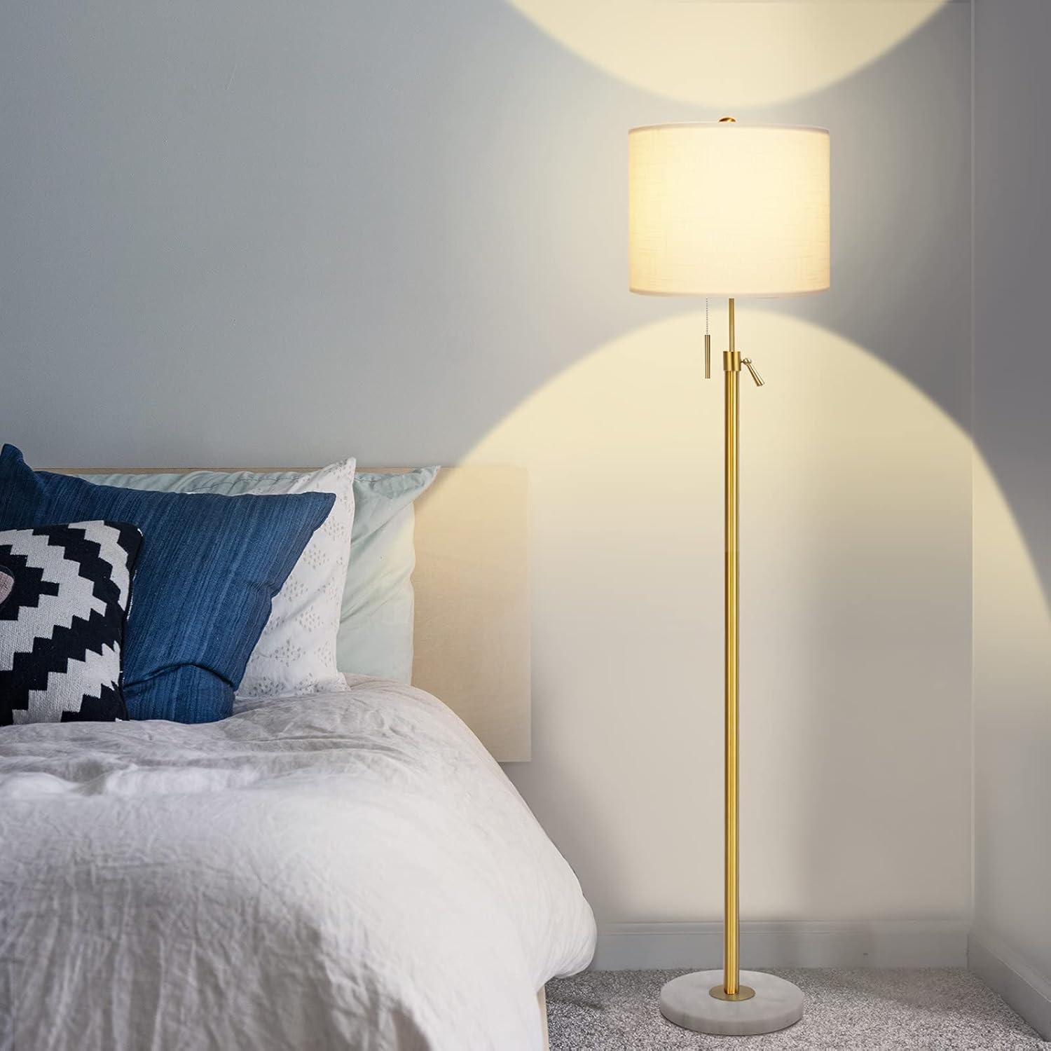 Adjustable Gold Floor Lamp with Marble Base and White Linen Shade