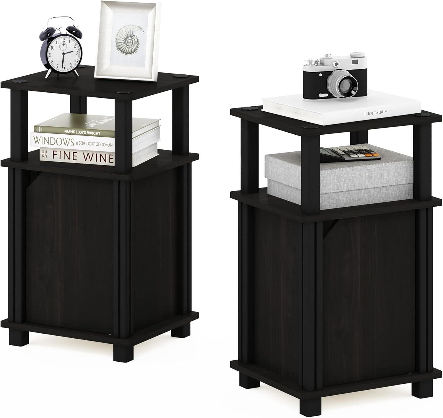 Furinno 2PCS Mid-Century 3-Tier Sofa Side Telephone Table Nightstand Accent End Table w/Storage Cabinet&Open Display Bookshelf,Espresso/Black