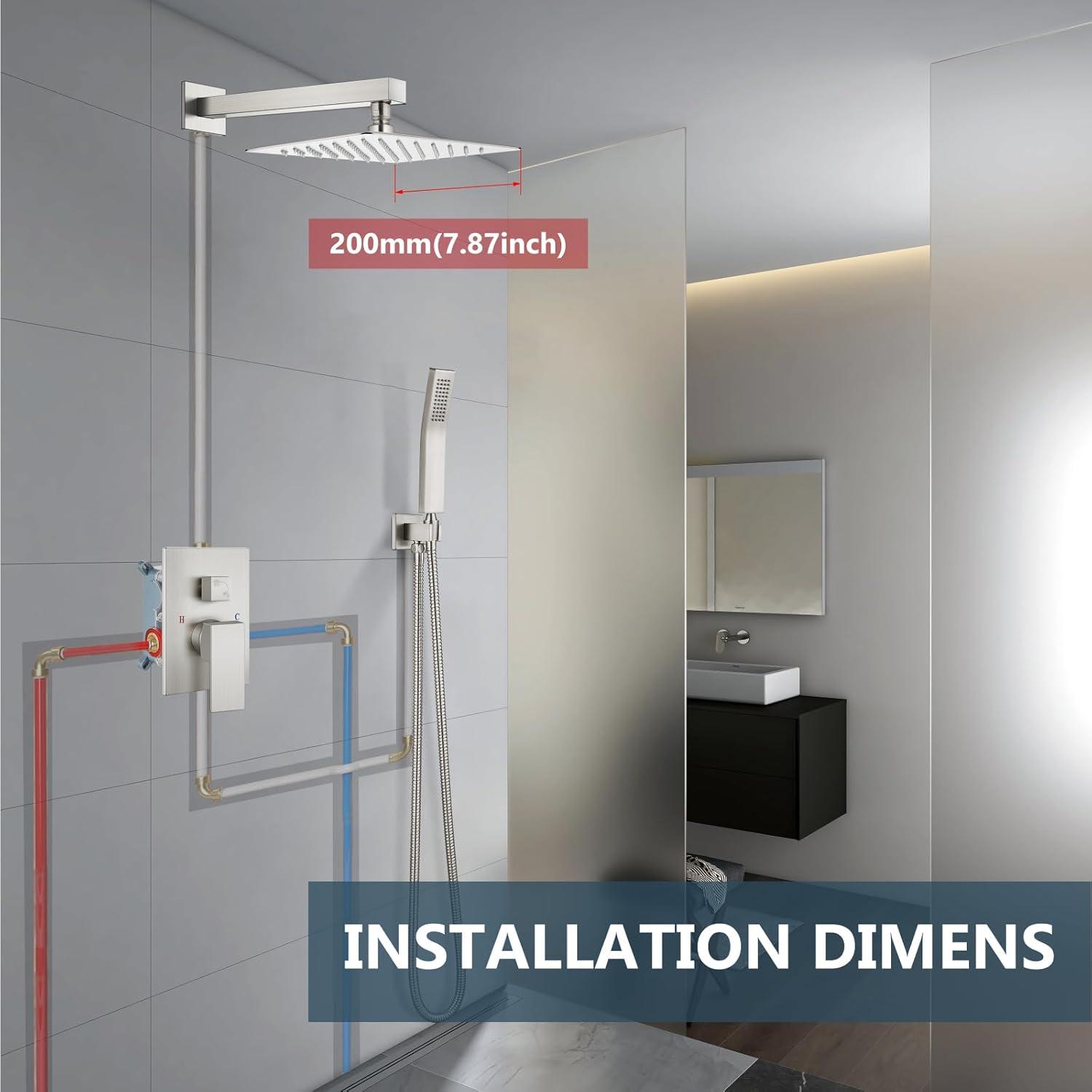 Aolemi Shower Faucet Set Rain Shower System with Handheld Spray Bathroom Shower Combo Rough-in Valve and Shower Trim Kit Included Brushed Nickel 8 Inch Wall Mount Shower Head