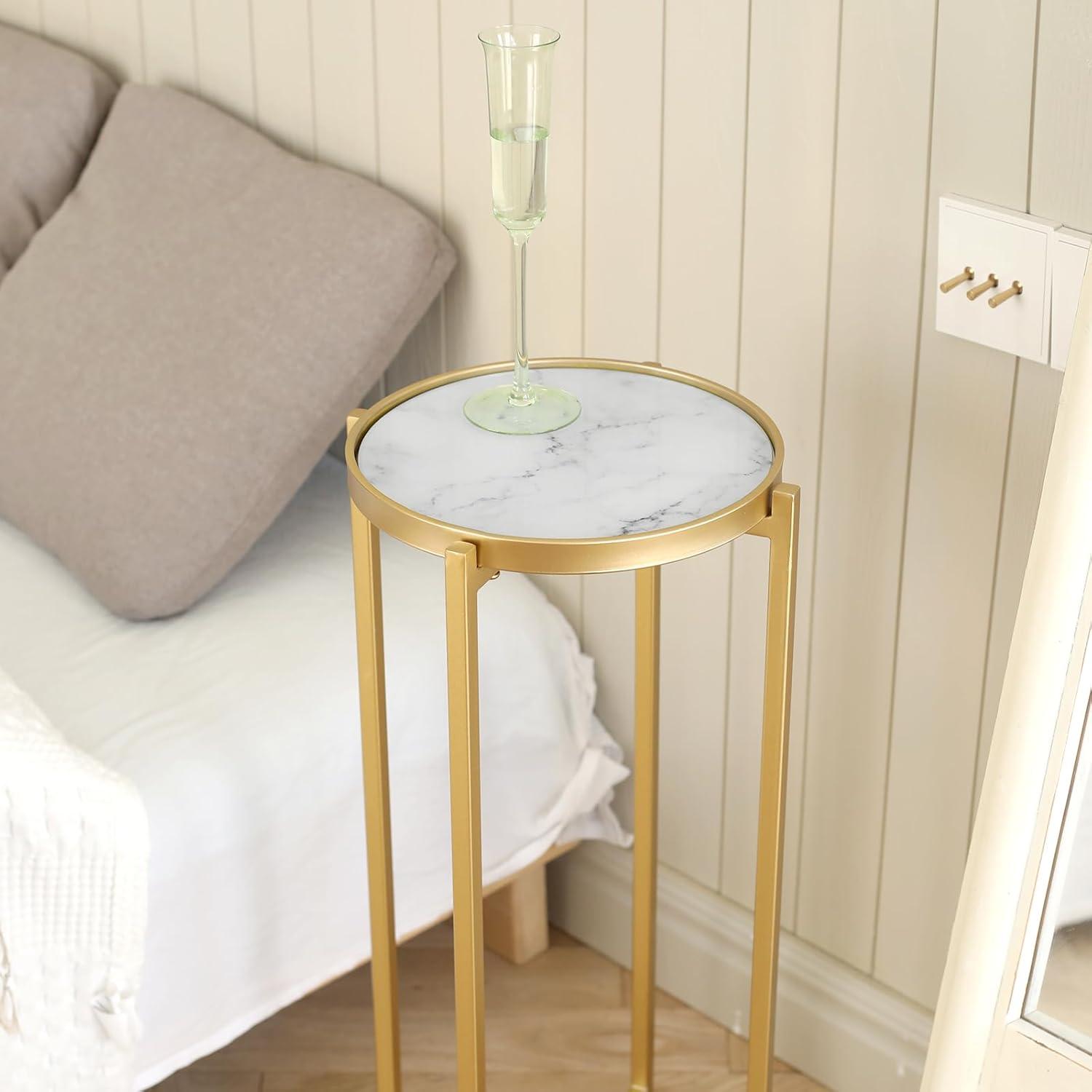 Small Round Gold Marble Side Table with Metal Frame