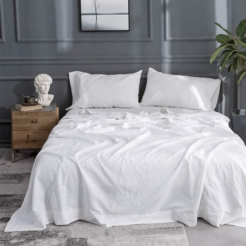 Simple&Opulence Belgian Linen Sheet Set Solid Color - 4 Pieces (1 Flat Sheet, 1 Fitted Sheet & 2 Pillowcases) Natural Flax Cotton Blend Soft Breathable Farmhouse Bedding - Full Size, White