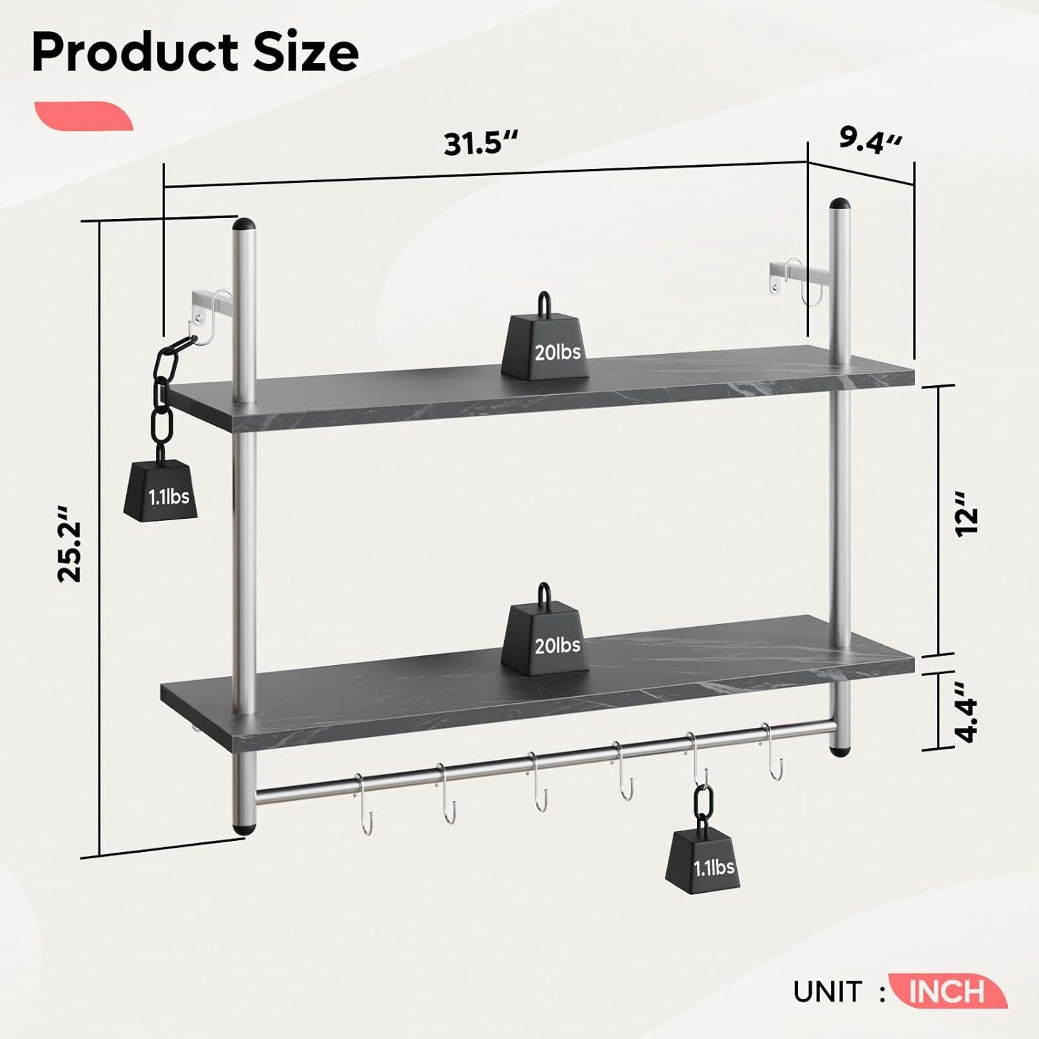 Bestier Industrial Pipe Shelf Bathroom Shelves with Towel Bar, 31 inch Floating Shelves 2 Tier for Wall Storage, Kitchen Wood Wall Mounted Shelf Display Rack for Living Room Bedroom, Black Marble
