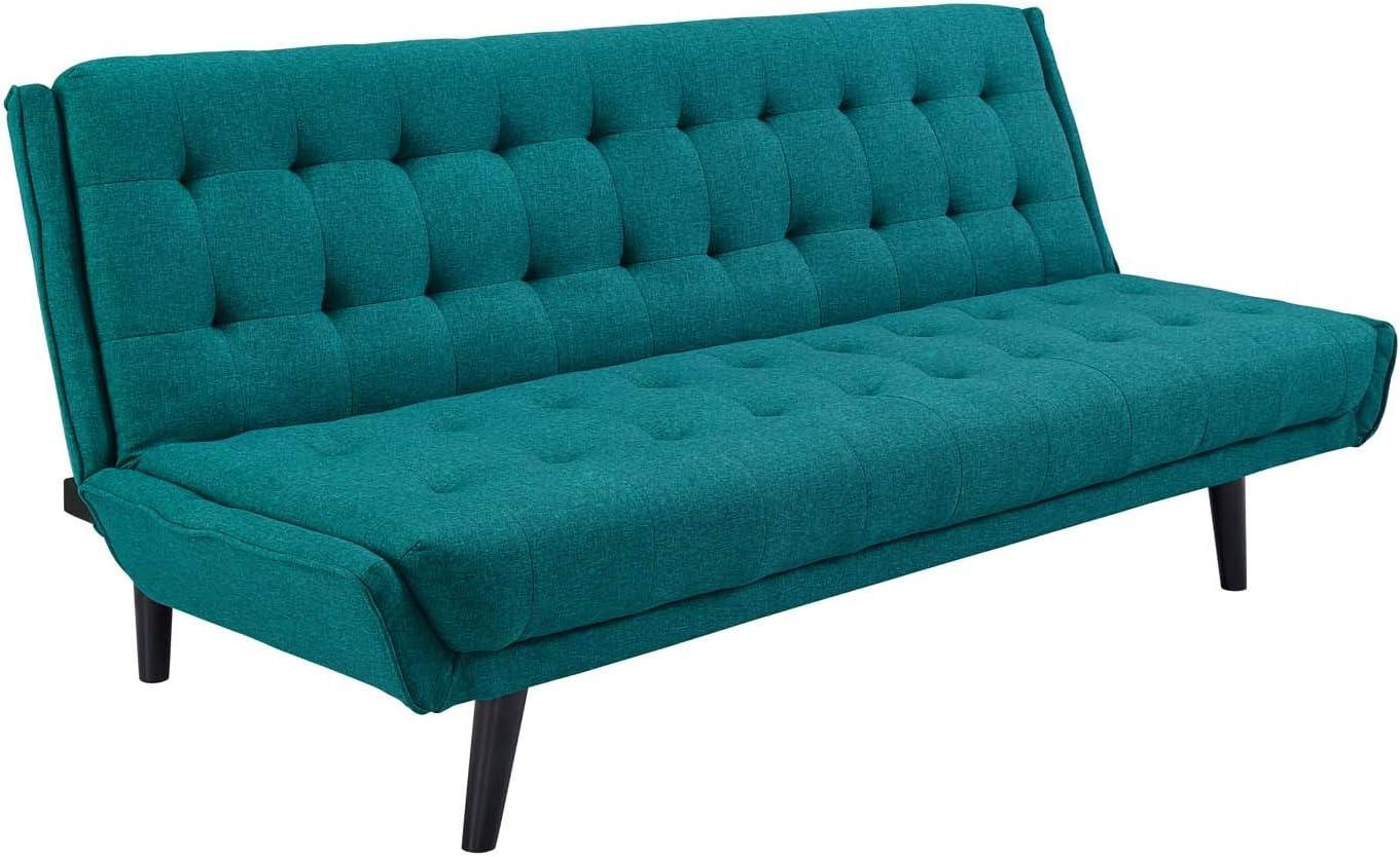Modway Glance Tufted Convertible Fabric & Wood Sofa Bed in Azure and Black