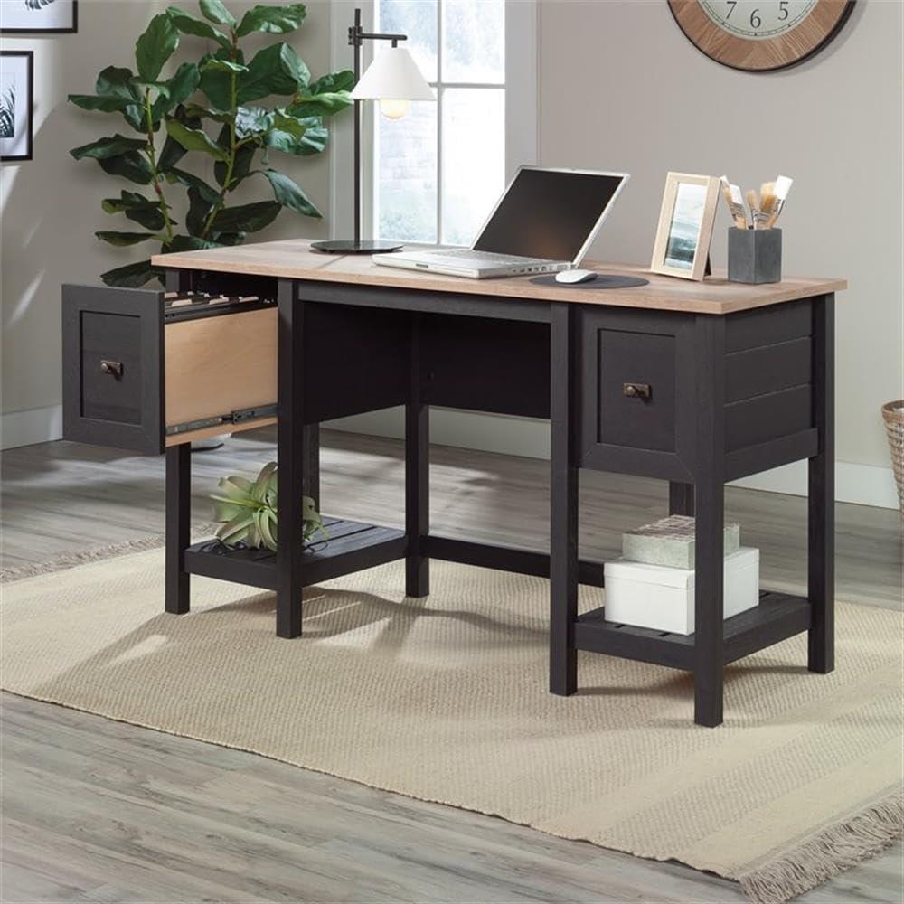 Sauder Cottage Road Double Pedestal Desk with Drawers Raven Oak, Raven Oak Finish