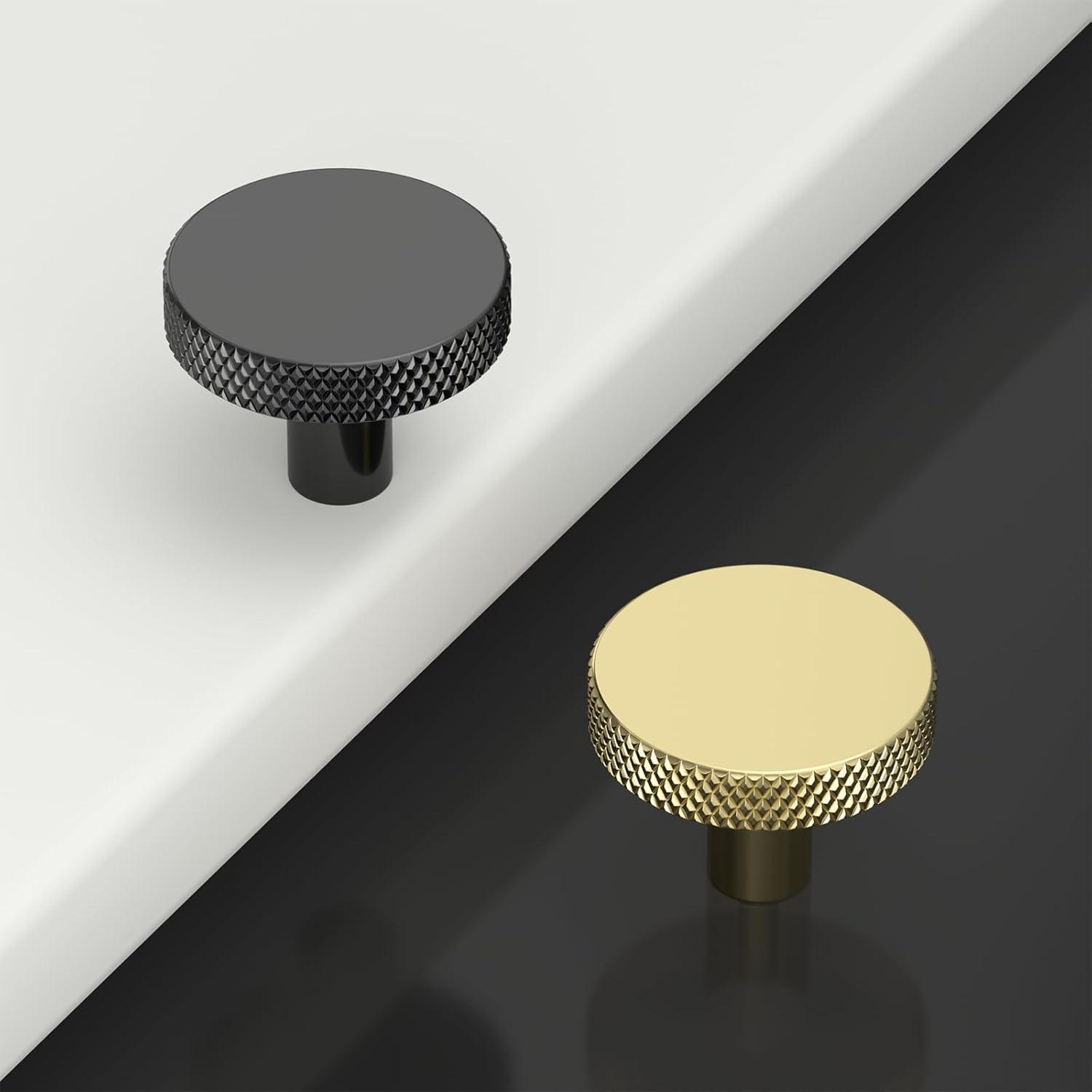 Brushed Brass Round Knurled Cabinet Knob Set