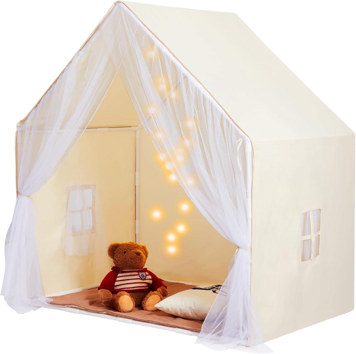 Beige Kids Play Tent with Mat and Light