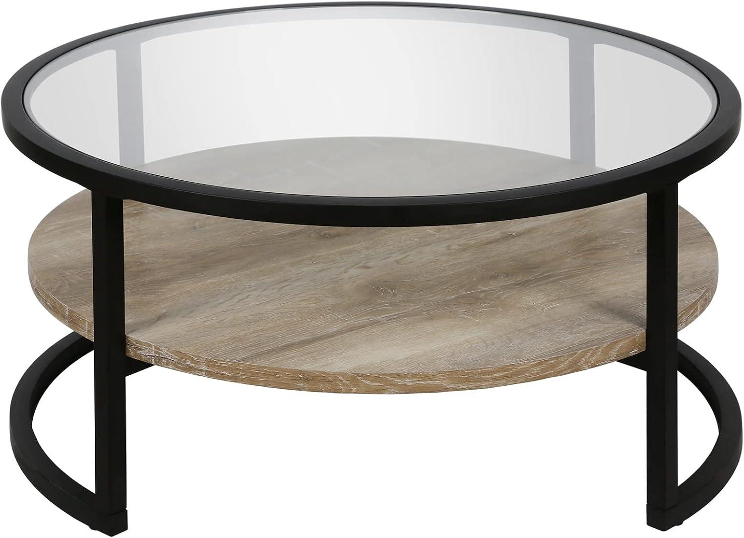 Elegance 34'' Round Limed Oak Coffee Table with Glass Top