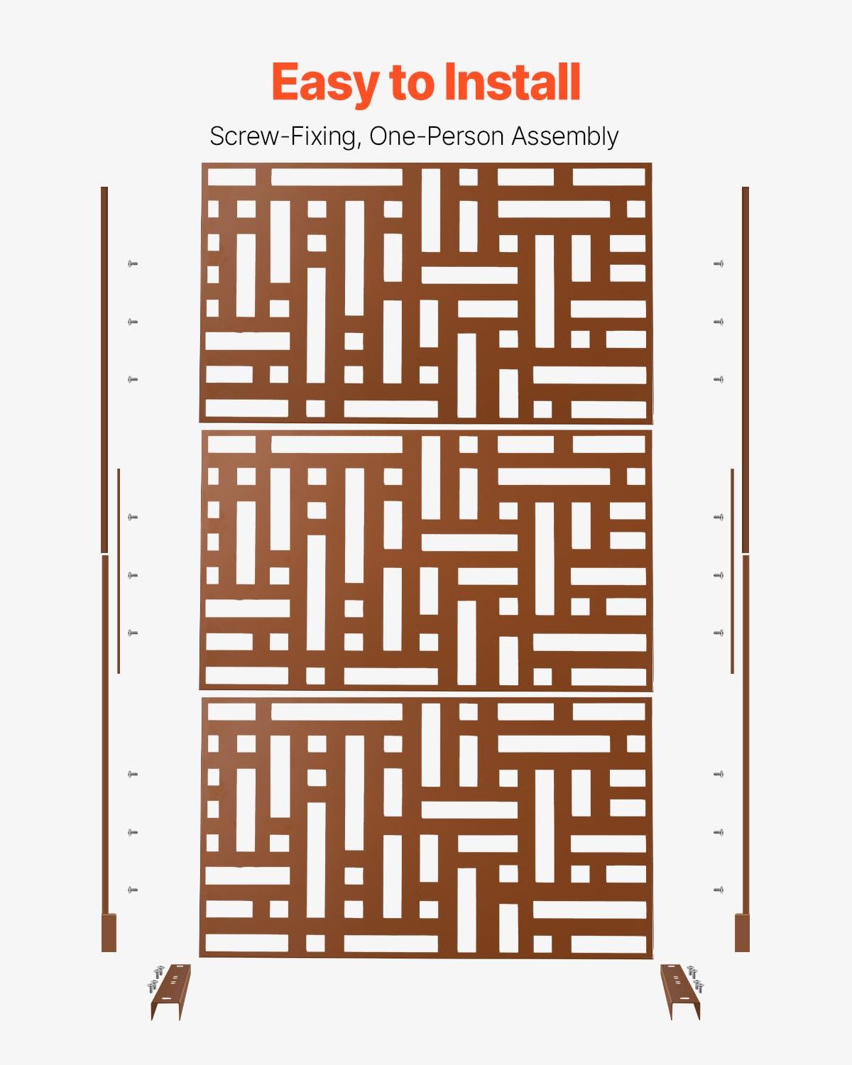 VEVOR Metal Privacy Screen, 47" W x 76" H, Outdoor Privacy Screens 3-Panel, Freestanding Outdoor Divider with Stand, Decorative Garden Steel Privacy Fence for Balcony Patio Indoor Room Hot Tub Brown