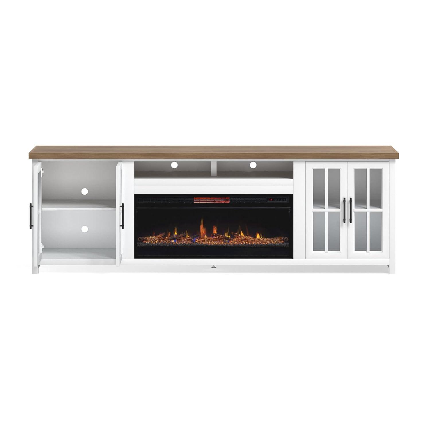 Hampton 97" White Wood Fireplace TV Stand with Cabinets