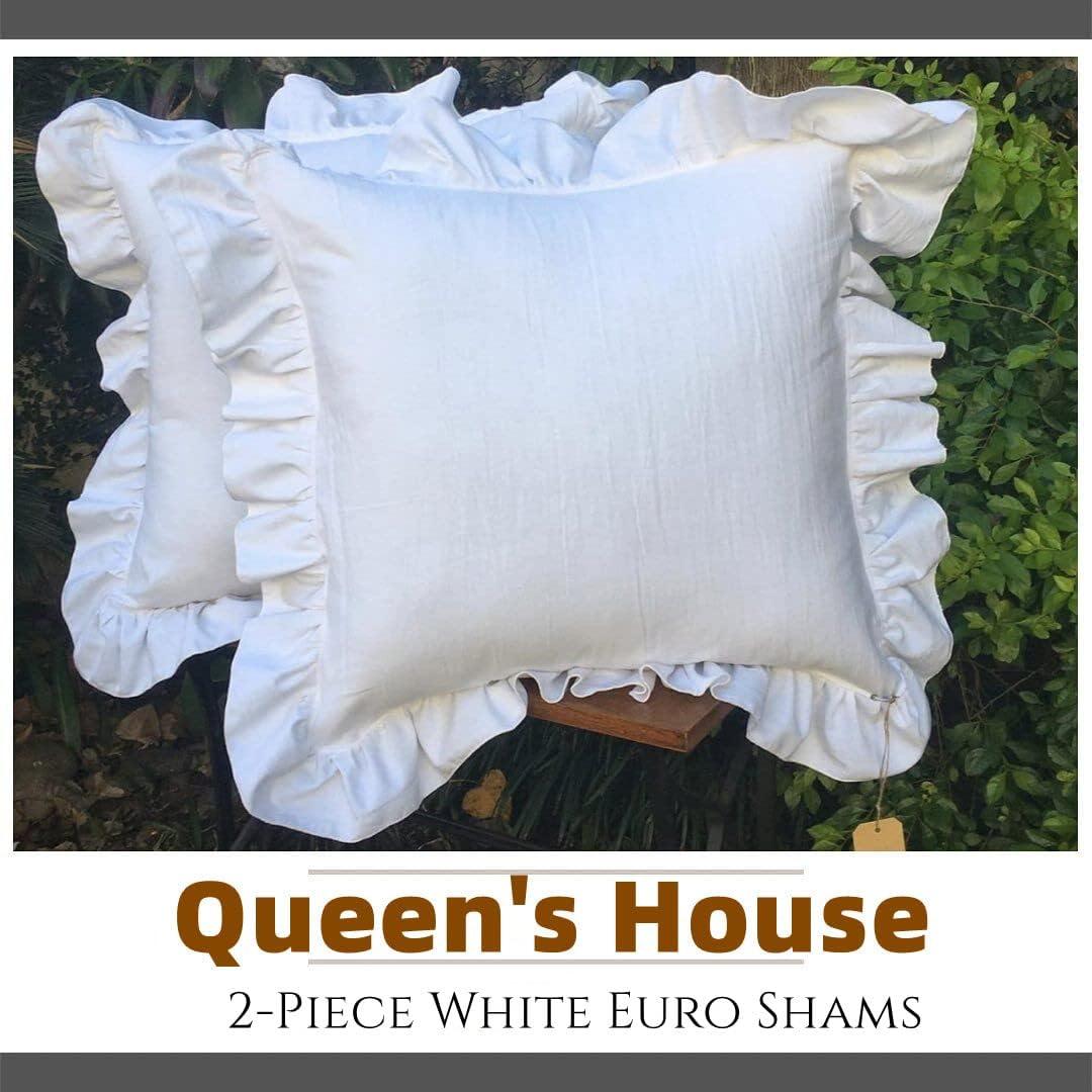 Lemfux Cotton Euro Shams with White Lace Ruffles, 26 x26 Inch, Set of 2,Rustic Farmhouse Lace Shabby Soft Breathable Bridal Pure White European, White Decorative Pillow Covers