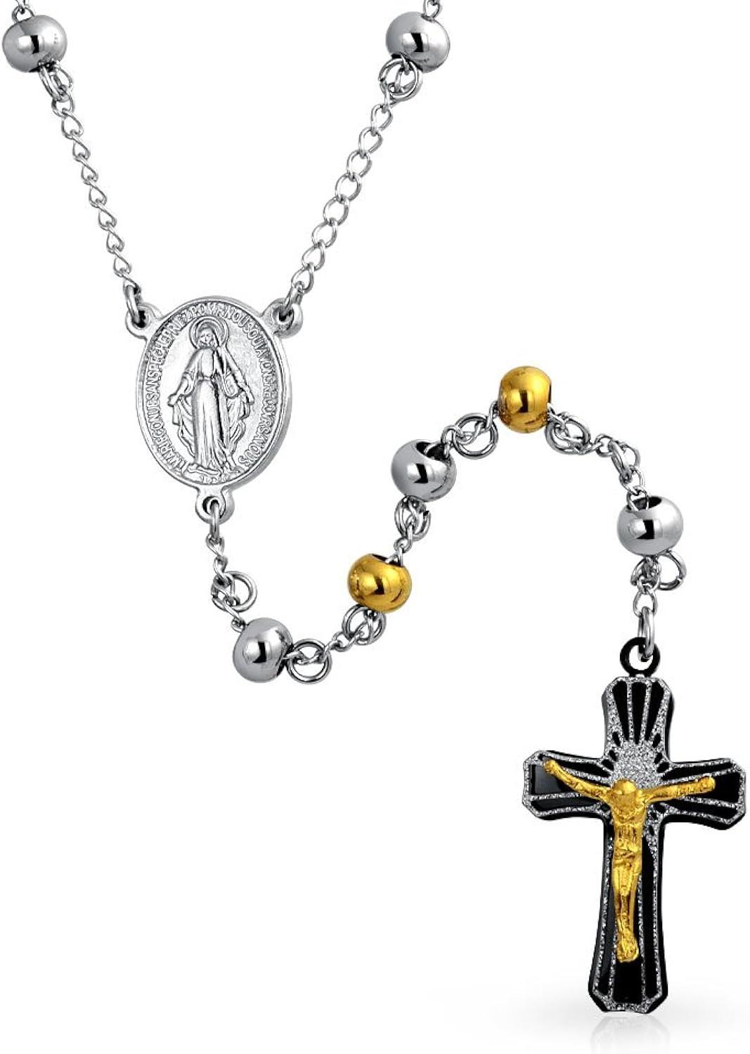 Bling Jewelry Mens Religious Christian Drop Necklace with Virgin Mary and Crucifix Gold & Silver Tone