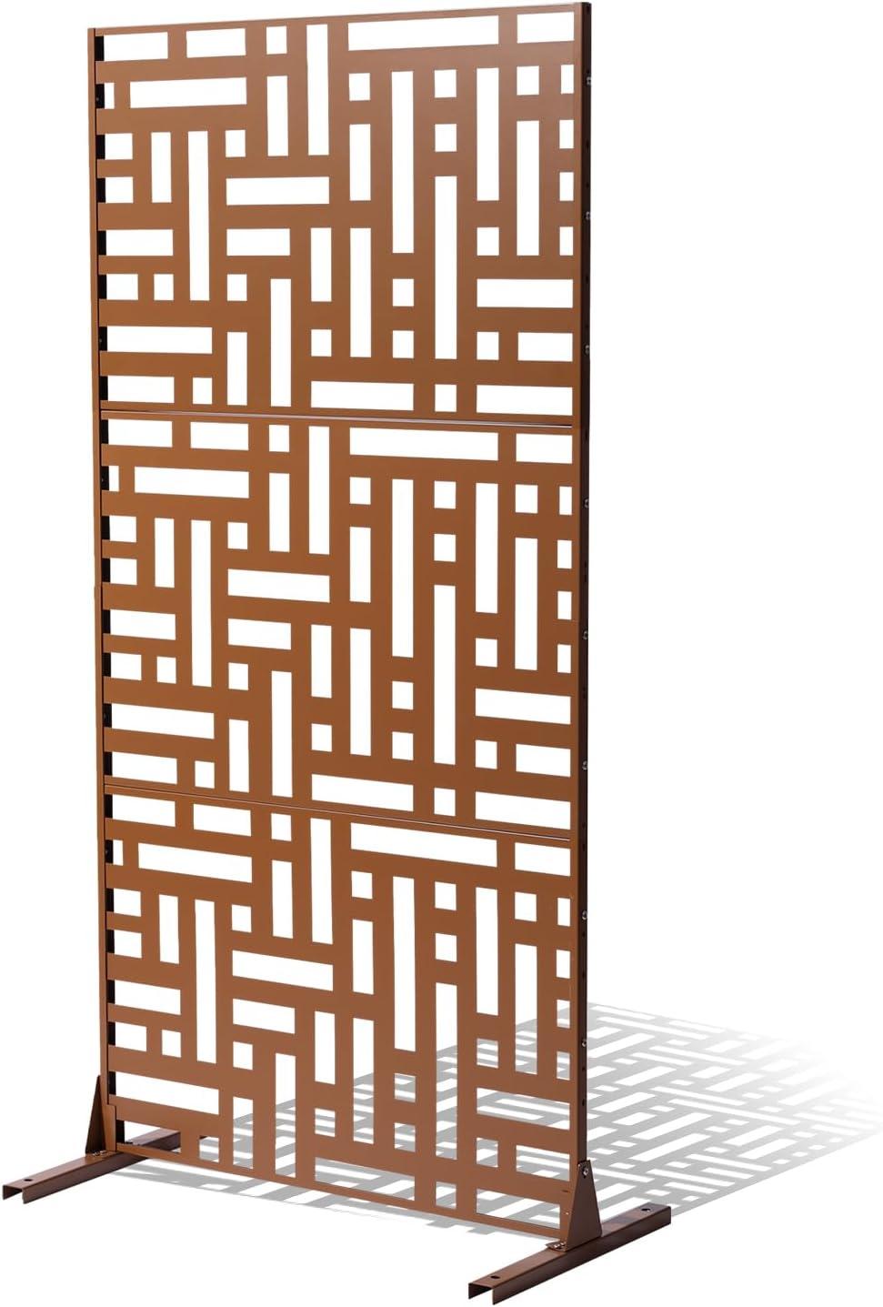 VEVOR Metal Privacy Screen, 47" W x 76" H, Outdoor Privacy Screens 3-Panel, Freestanding Outdoor Divider with Stand, Decorative Garden Steel Privacy Fence for Balcony Patio Indoor Room Hot Tub Brown