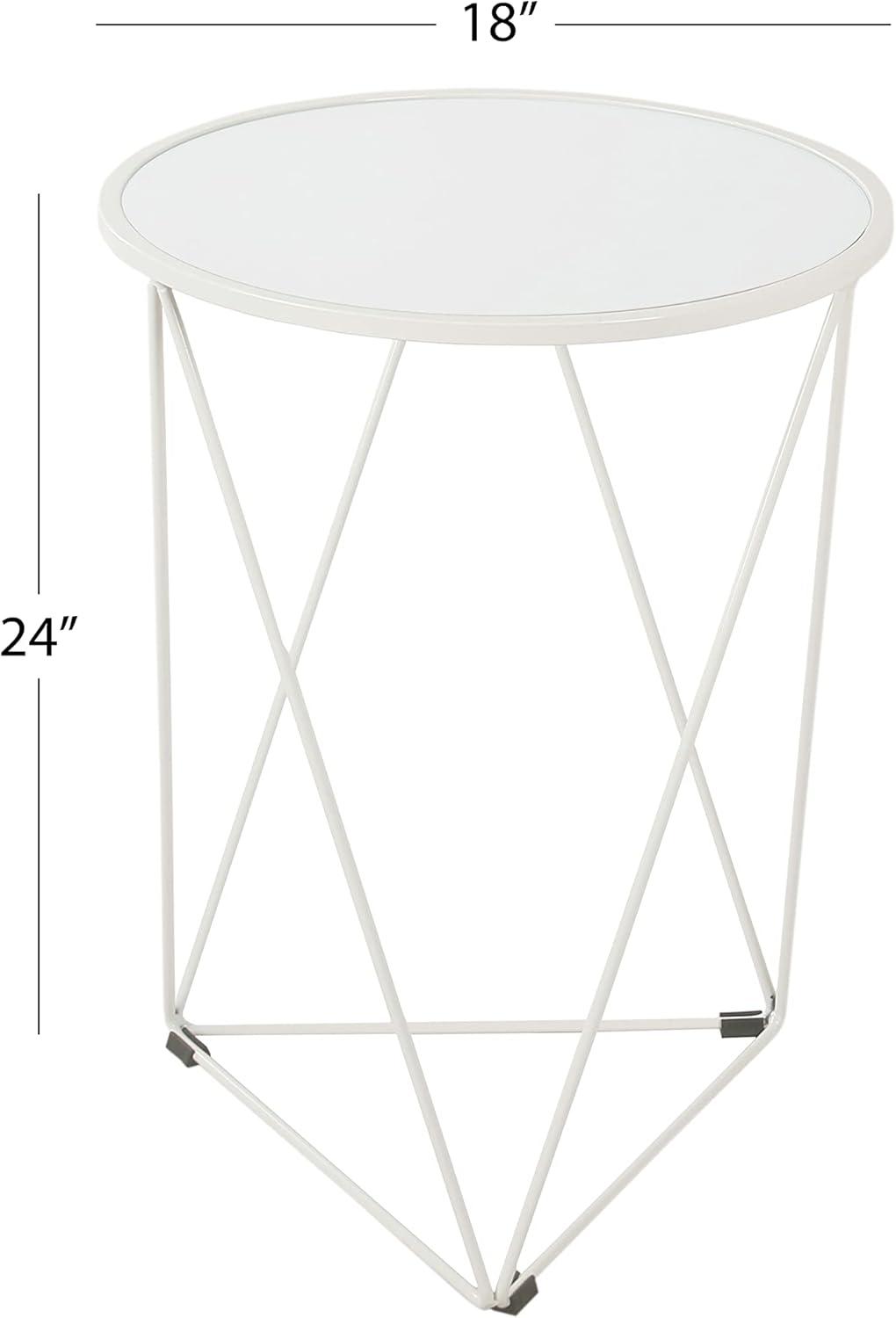 HomePop Metal Accent Table Triangle White Base, Round Mirror Top