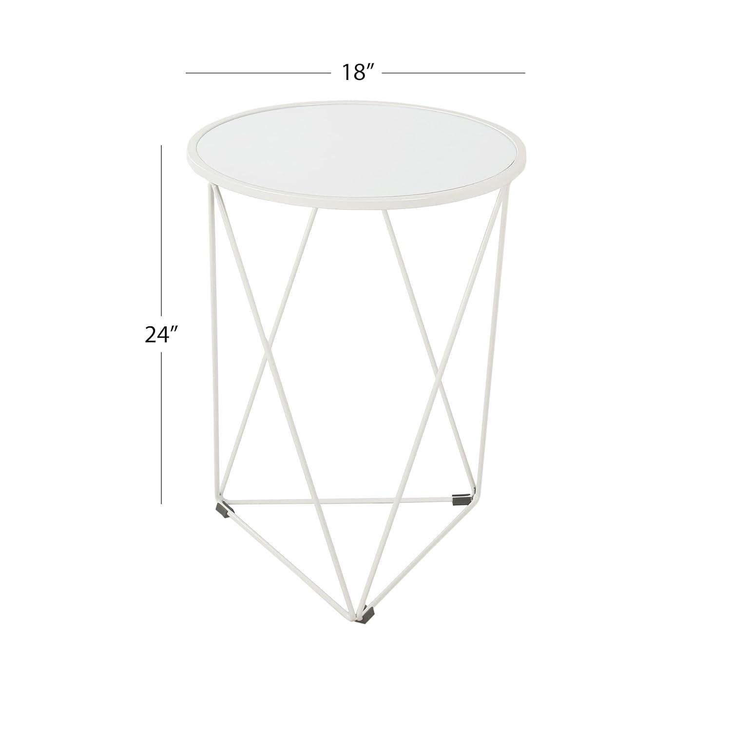 HomePop Metal Accent Table Triangle White Base, Round Mirror Top