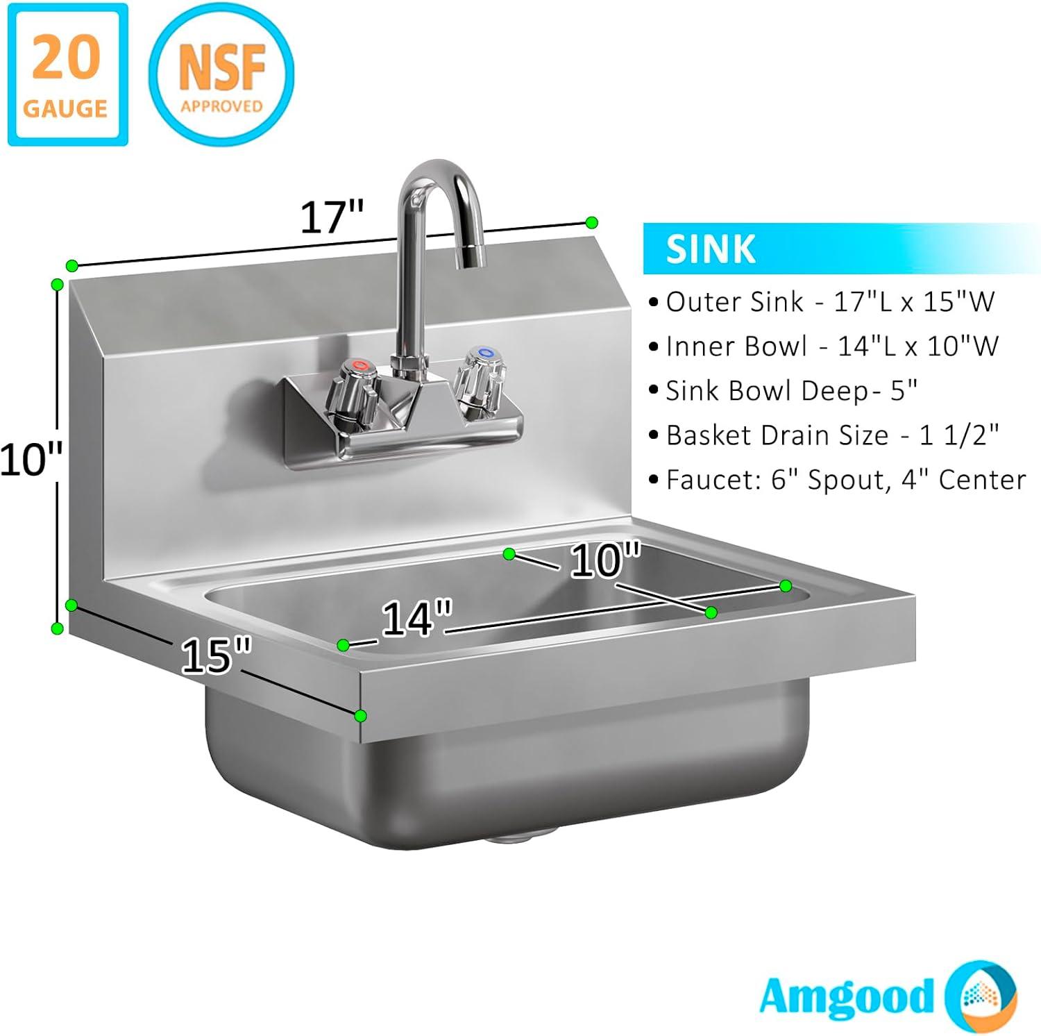 17in. x 15in. Stainless Steel Hand Sink. Commercial Wall Mount Hand Basin. NSF Certified.