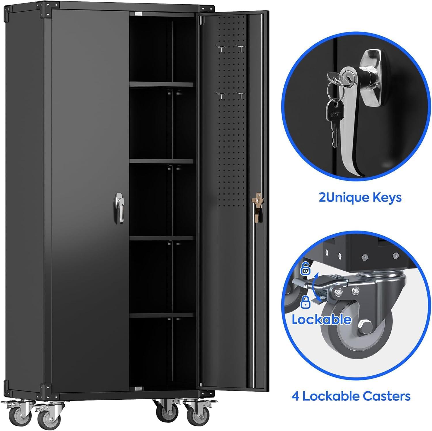 Open Box AOBABO 72 Inch Locking Metal Garage Cabinet w/Wheels & Pegboards,Black