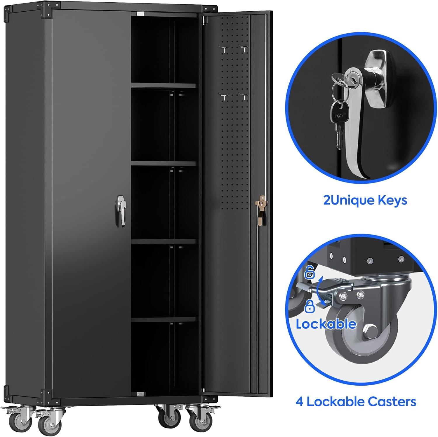 AOBABO 72 Inch Locking Metal Garage Storage Cabinet with Universal Rubber Wheels with Lockable Casters, Pegboards, and Magnetic Doors, Black