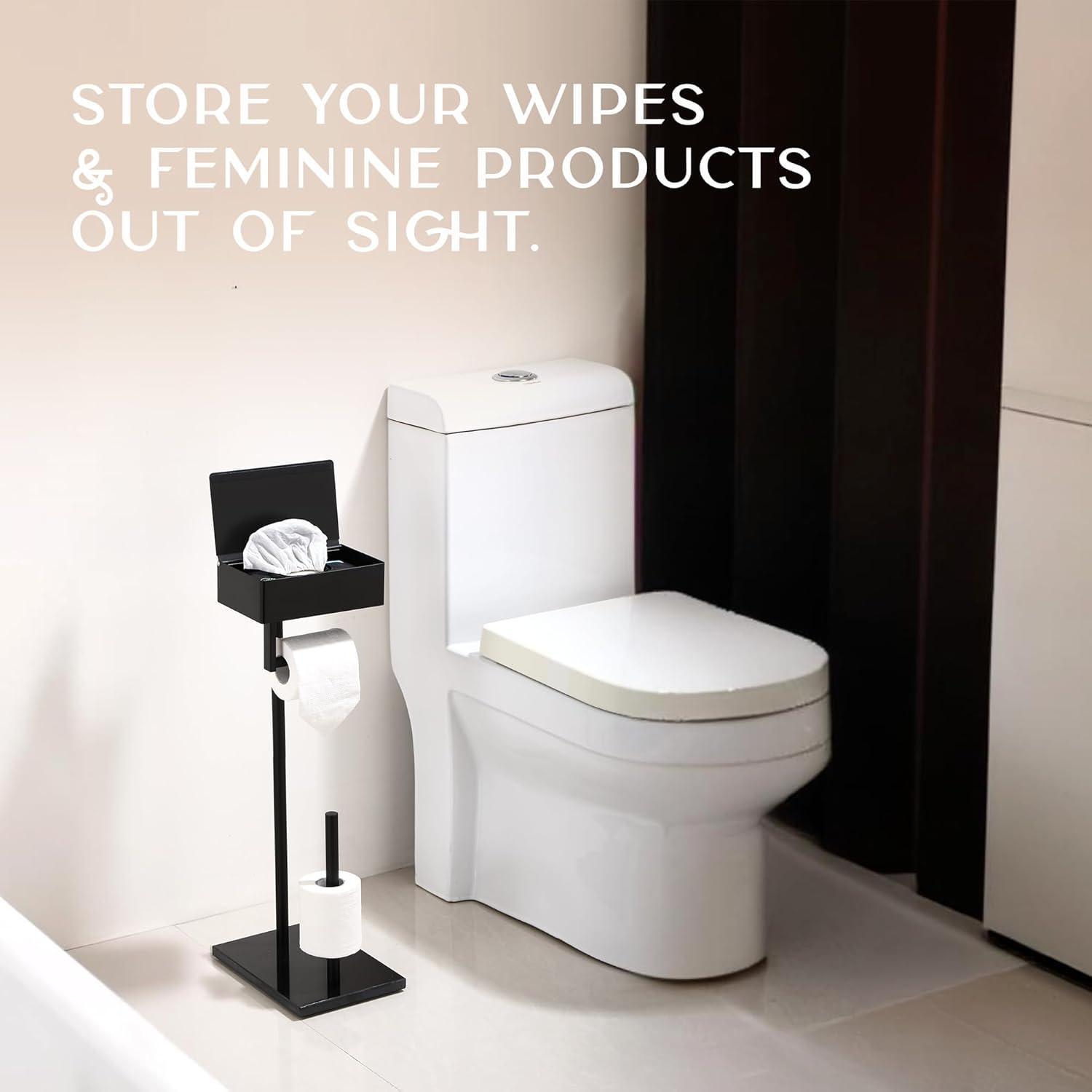 Day Moon™ Matte Black Toilet Paper Holder Free Standing Toilet Paper Holder with Storage - Toilet Paper Stand and Tissue Holder for Bathroom - Toilet Paper Holder with Shelf and Wipe Holder