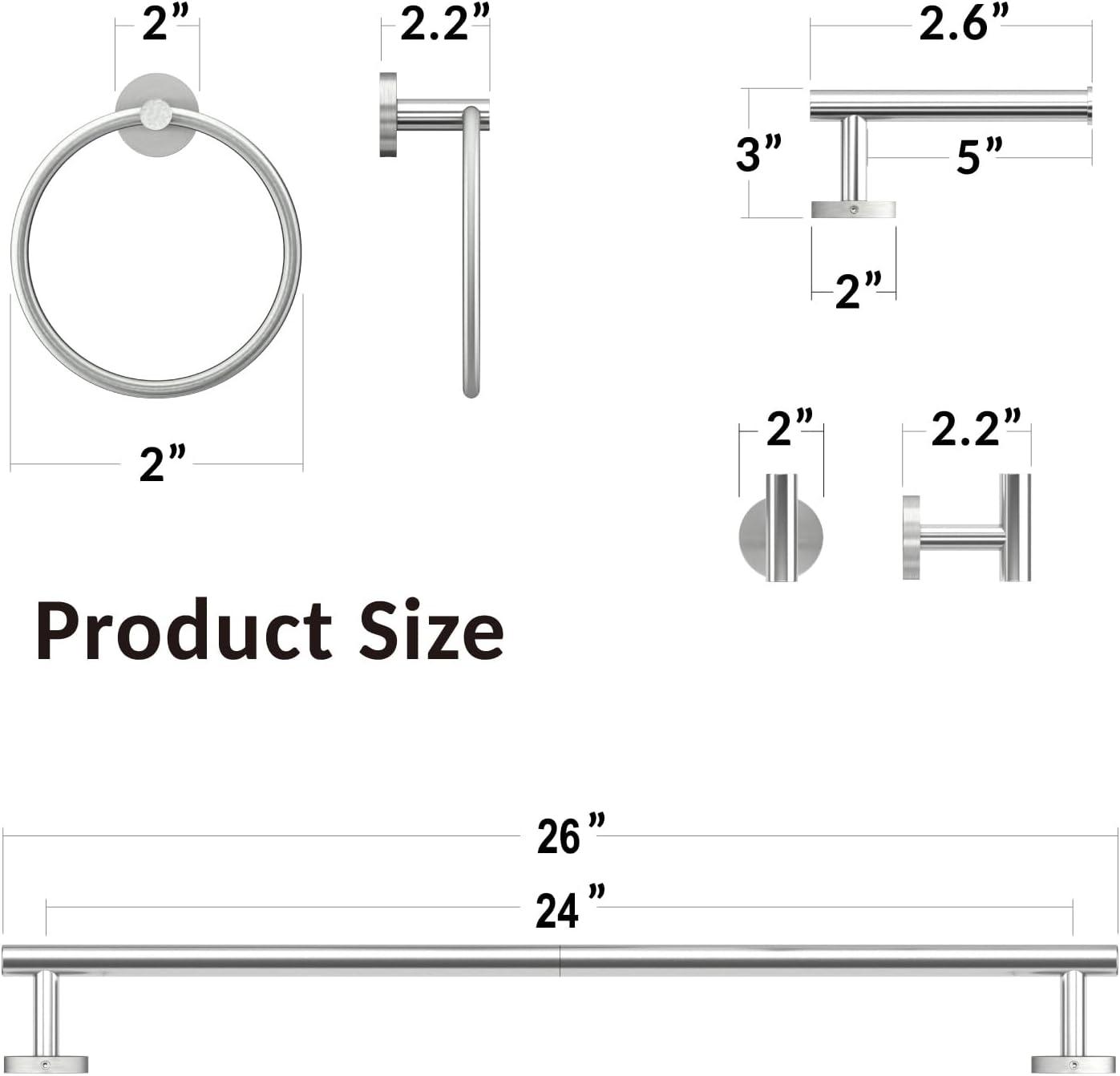 Brushed Nickel Bathroom Hardware Set, Modern 24-Inch Towel Bar Set Wall Mounted, Durable SUS304 Stainless Steel Bathroom Accessories Set, 4-Piece