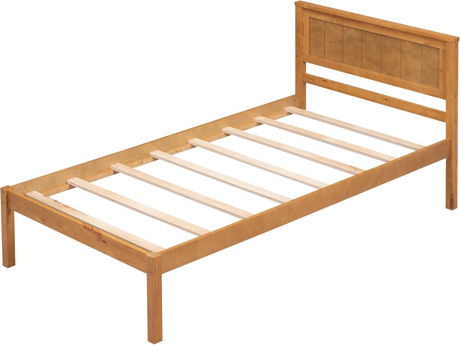 Oak Twin Pine Wood Platform Bed with Headboard and Slats