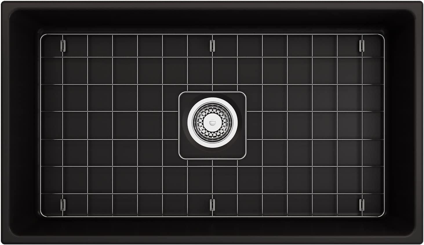 BOCCHI Contempo Farmhouse Apron Front Fireclay 33 in. Single Bowl Kitchen Sink with Protective Bottom Grid and Strainer in Matte Gray