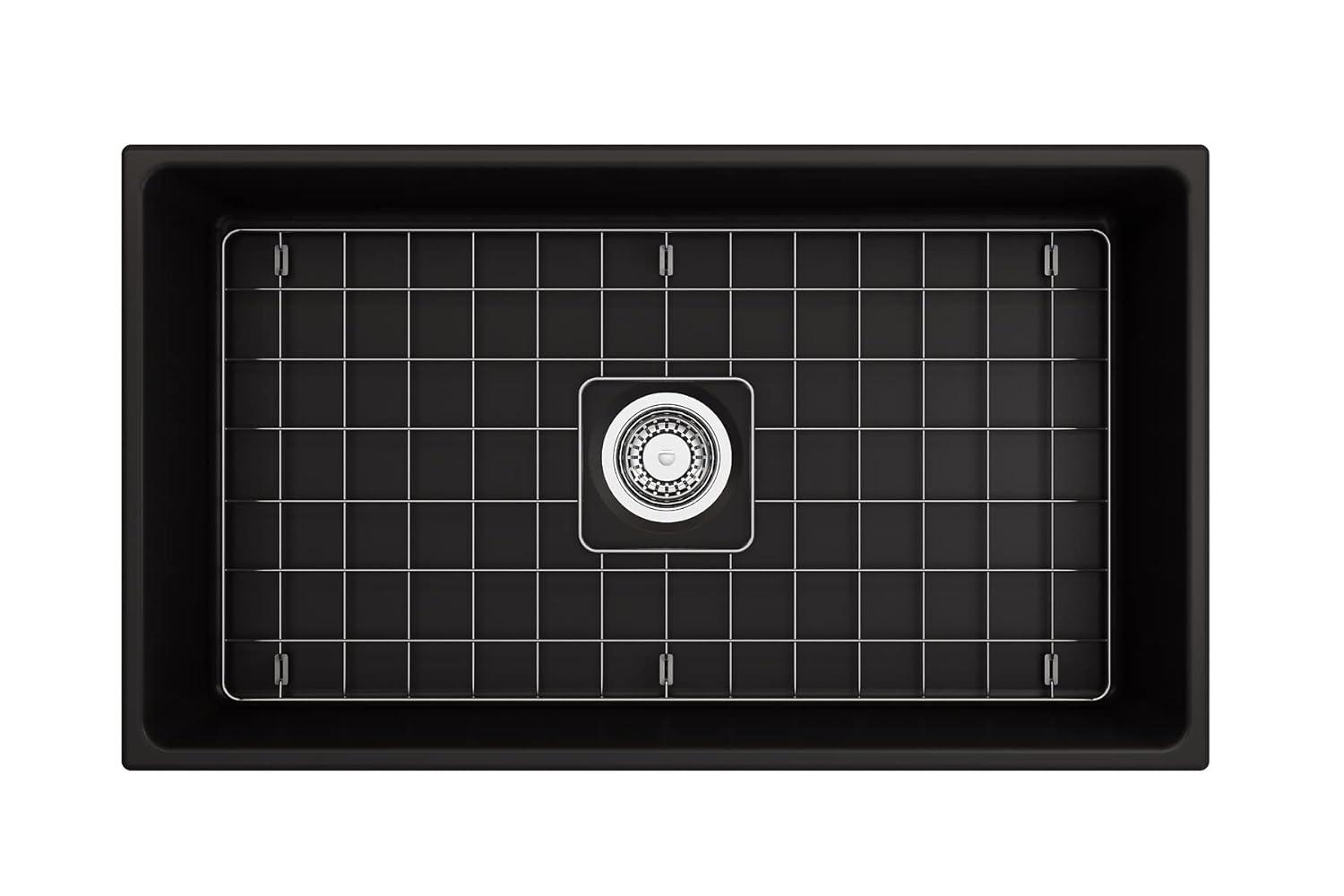 BOCCHI Contempo Farmhouse Apron Front Fireclay 33 in. Single Bowl Kitchen Sink with Protective Bottom Grid and Strainer in Matte Gray