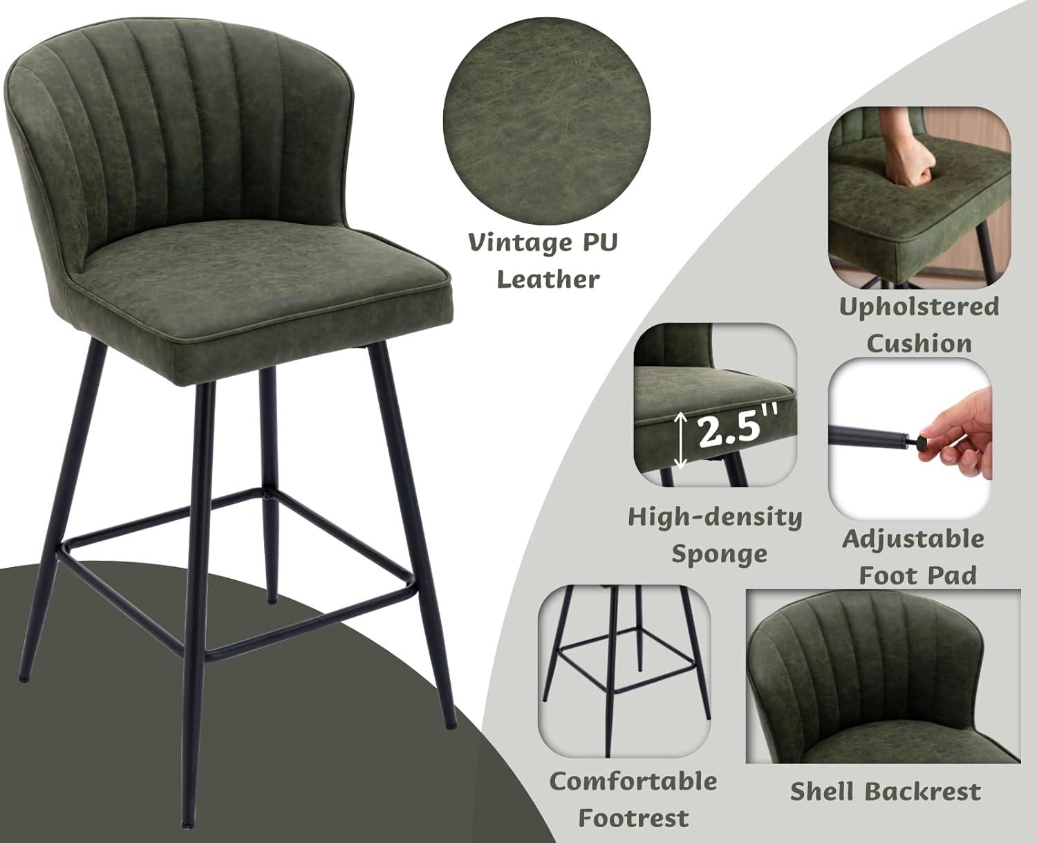 Green Faux Leather and Metal Adjustable Counter Stools, Set of 2