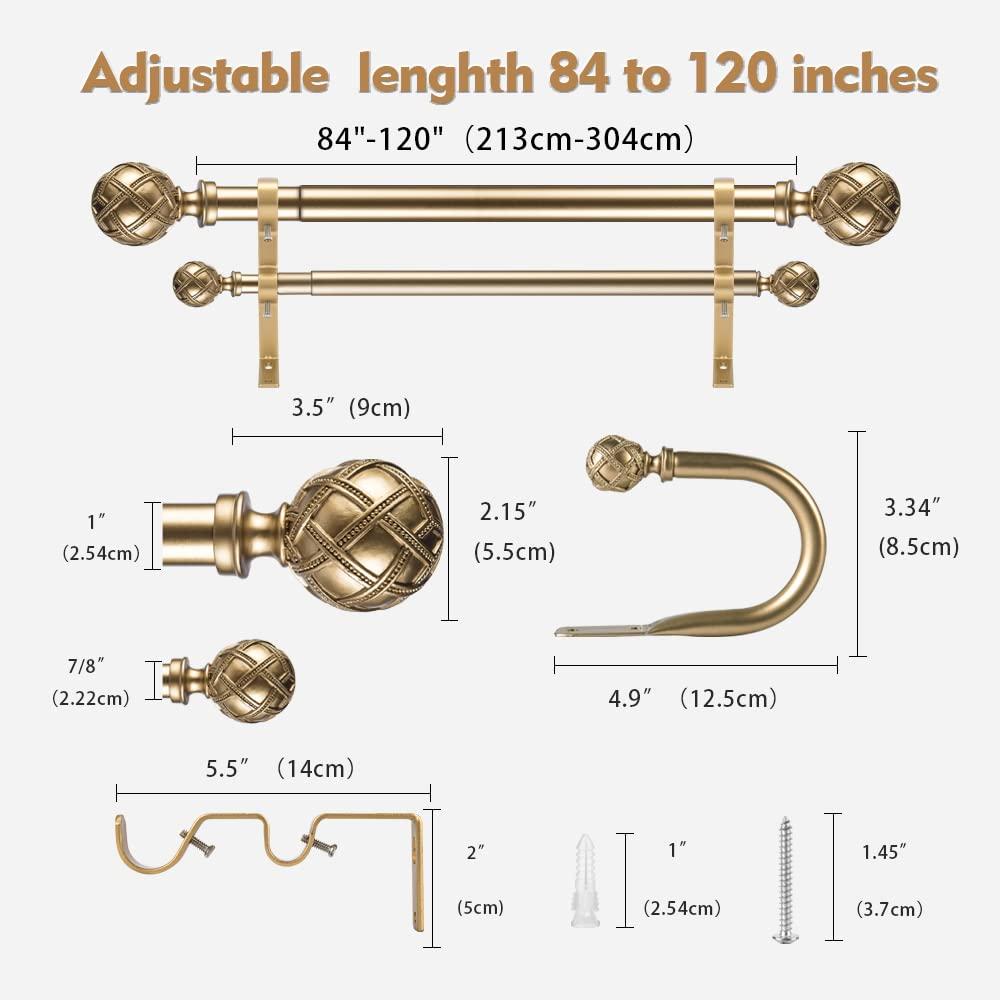 Ycolnaefllr Gold Double Curtain Rod Adjustable Curtain Rod Set, 84”-120” -