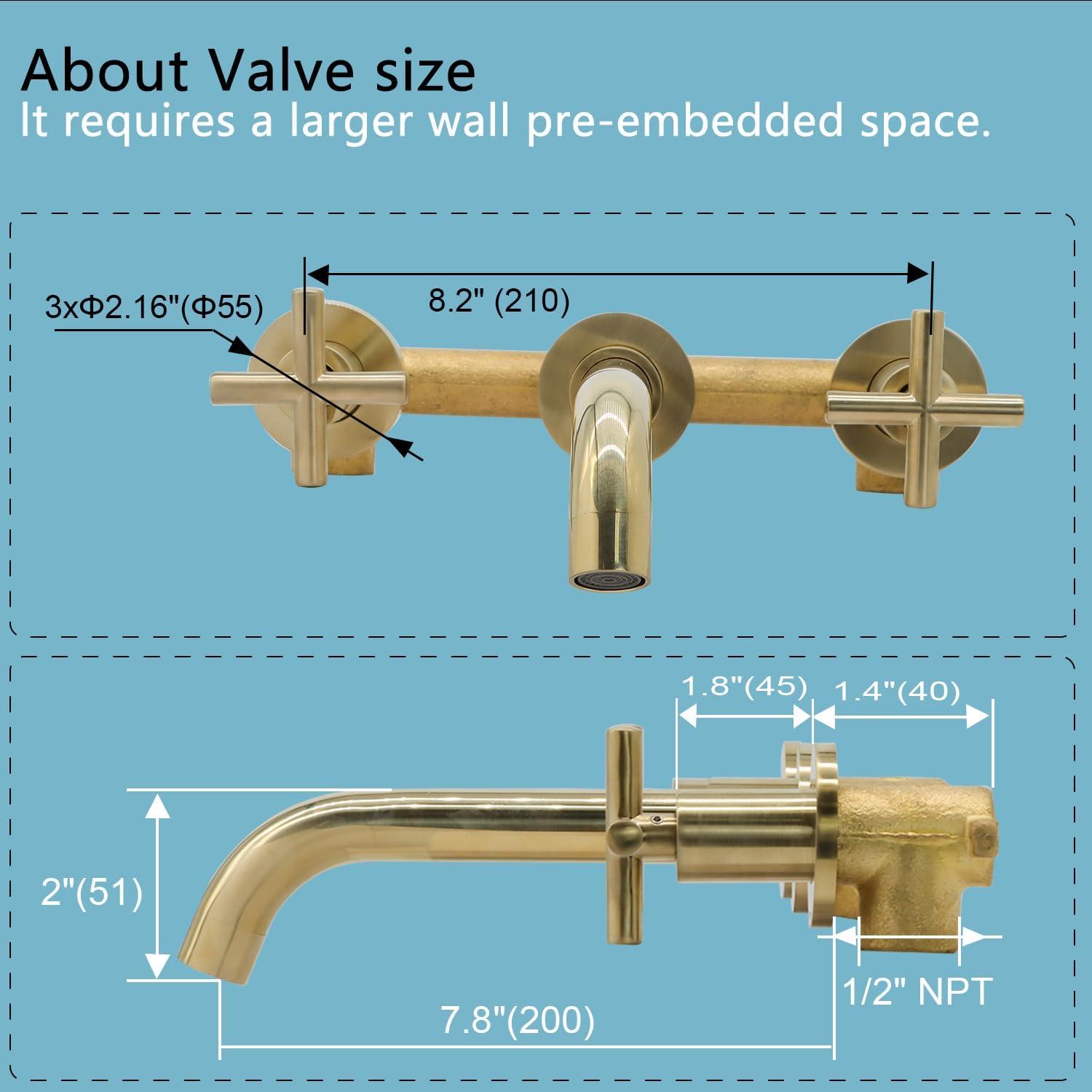 Brushed Gold Wall Mounted Bathroom Faucet with Dual Cross Handles