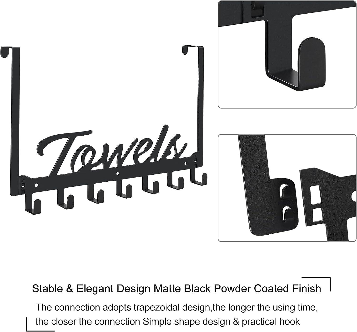 Over The Door Hooks - Heavy Duty Towel Rack with 6 Hooks for Bedroom, Bathroom, Kitchen - Holds Towels, Bags, Coats, Hats - Black