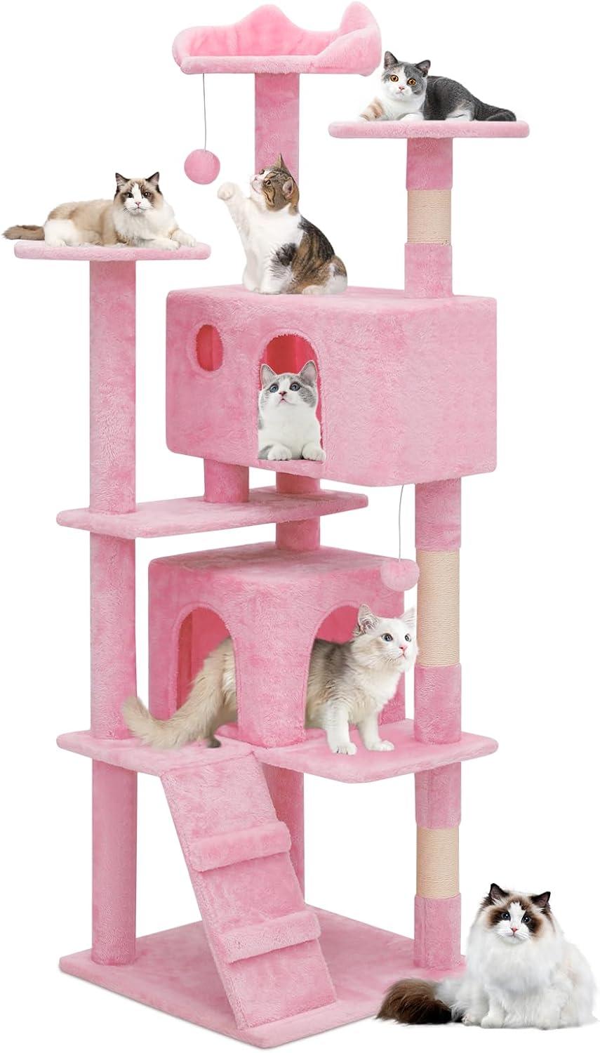 MoNiBloom Cat Tree House for Large Cats, Multi-Level Cat Tree Tower with Anti-Tipping Rope, Soft Pink