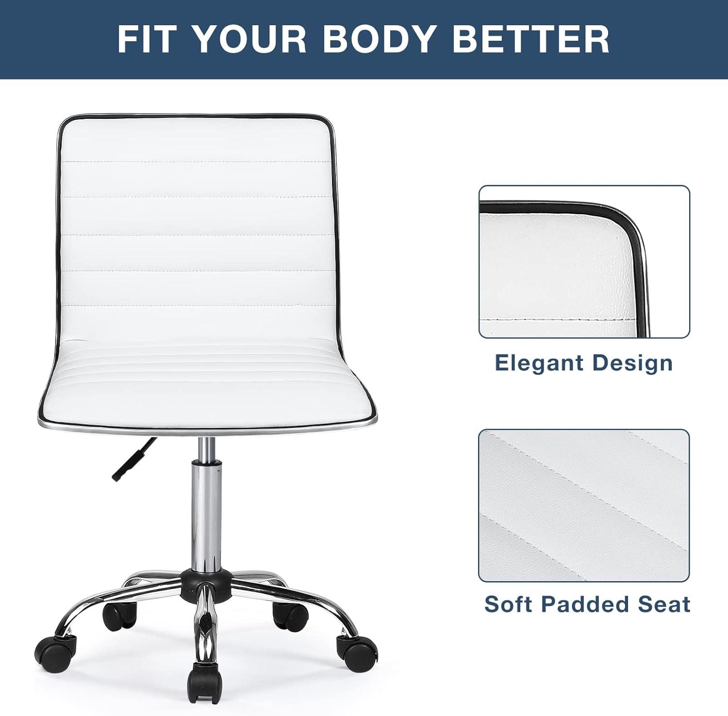 BOSSIN Adjustable Home Office Chair, Mid-Back Armless Ribbed Swivel Task Chair,Vanity Chair for Small Space, Living Room, Make-up, Studying (White)