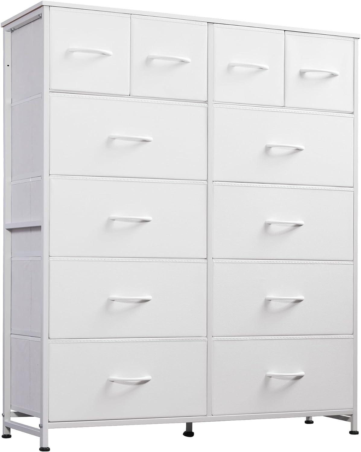 Lulive Dresser for Bedroom with 12 Drawers, Tall Dresser Chest of Drawers with Side Pockets and Hooks, Fabric Dresser Storage Tower for Closet, Hallway, Living Room (White)