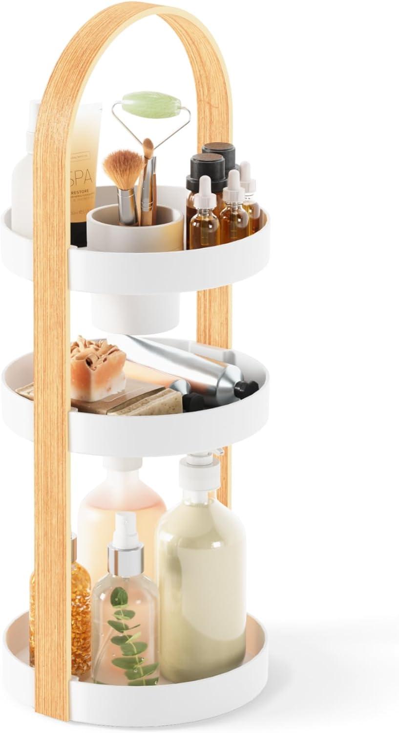 White and Natural 3-Tier Wooden Cosmetic Organizer