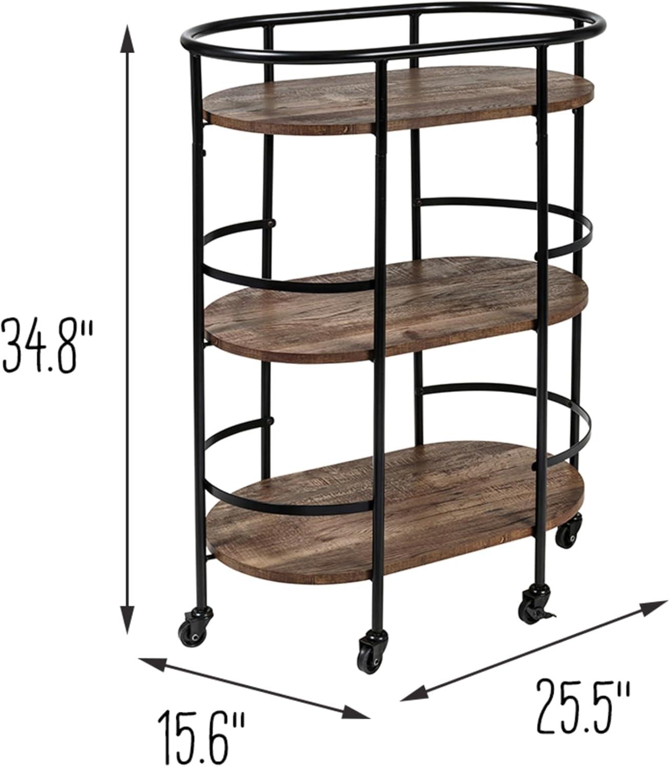 Honey-Can-Do 3 Tier Oval Bar Cart Walnut: Indoor Serving Drink Cart with Steel Frame, Fixed Shelves, 34.8" Height