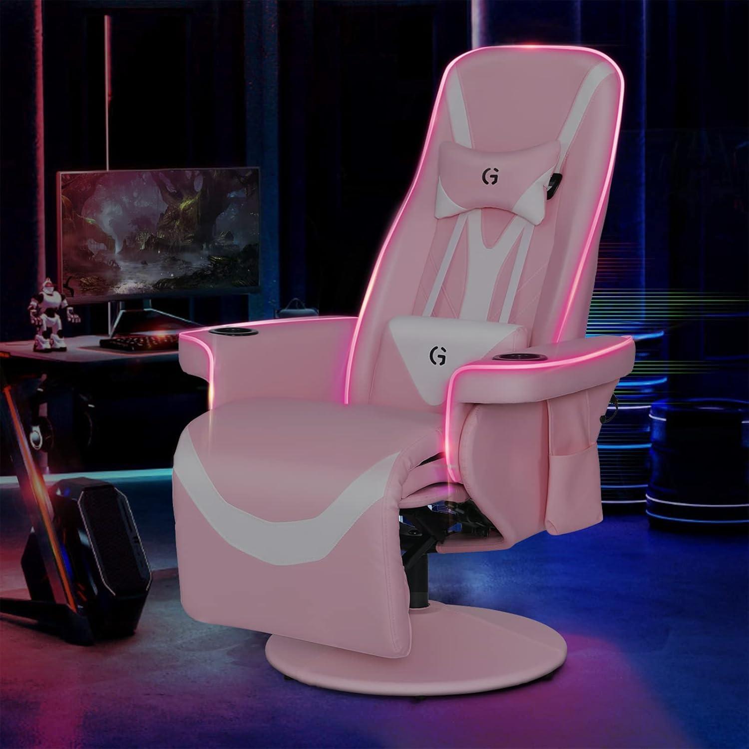 Queen Throne Video Gaming Chair Ergonomic Recliner Racing Chair, High Back Swivel Chair with Footrest and Adjustable Backrest, Lumbar Support, Headrest and Cupholders, Pink White