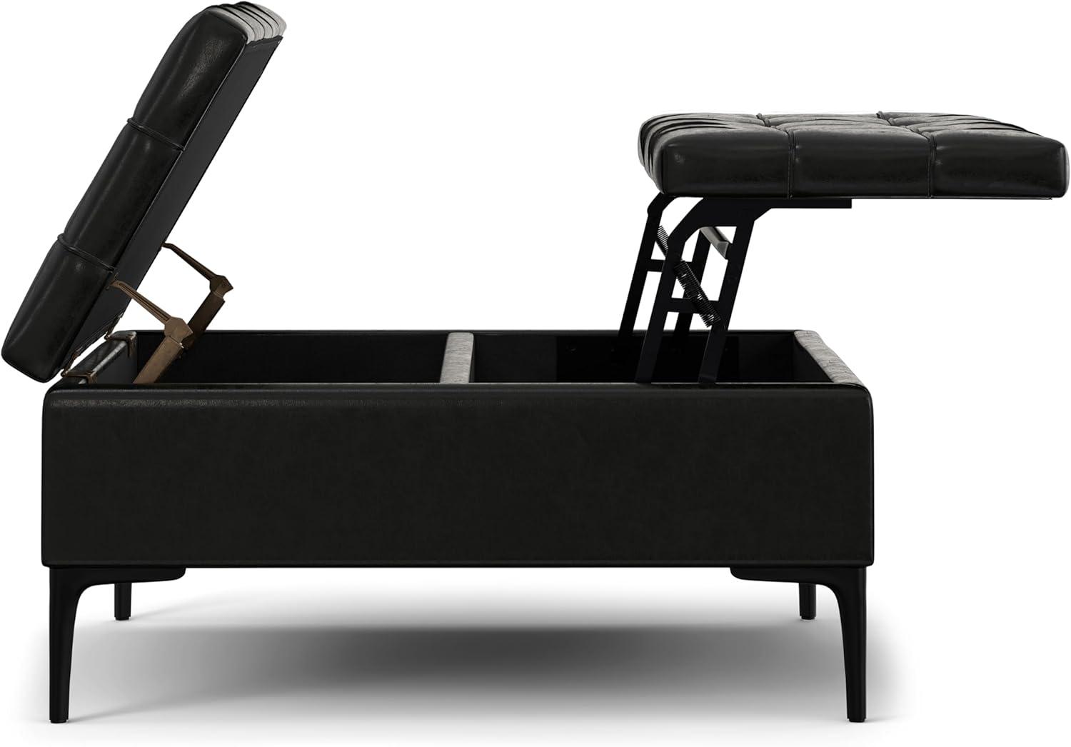 Simpli Home Laura 36"W Upholstered Square Storage Ottoman with Split Lift Top and 2 Storage Compartments