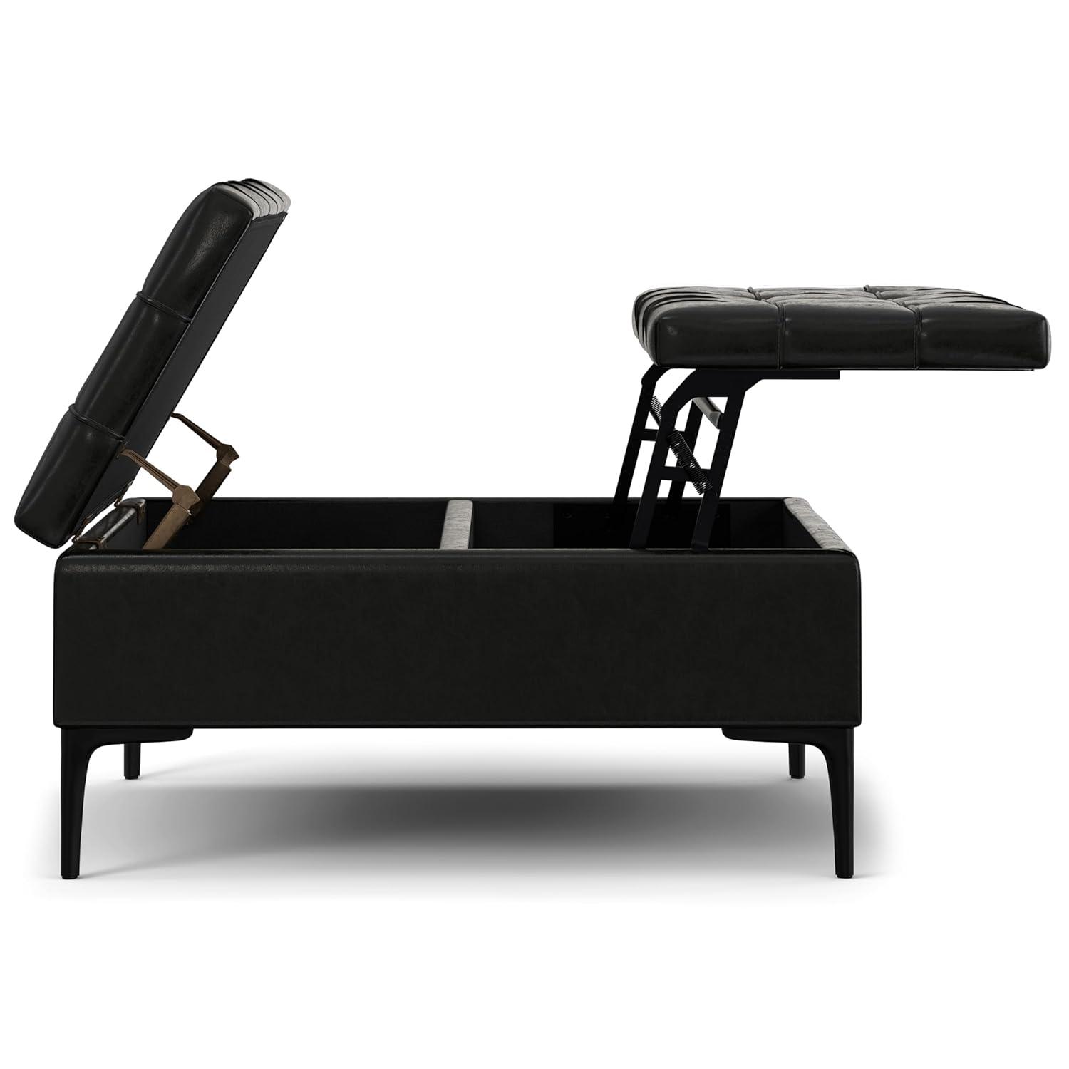 Simpli Home Laura 36"W Upholstered Square Storage Ottoman with Split Lift Top and 2 Storage Compartments