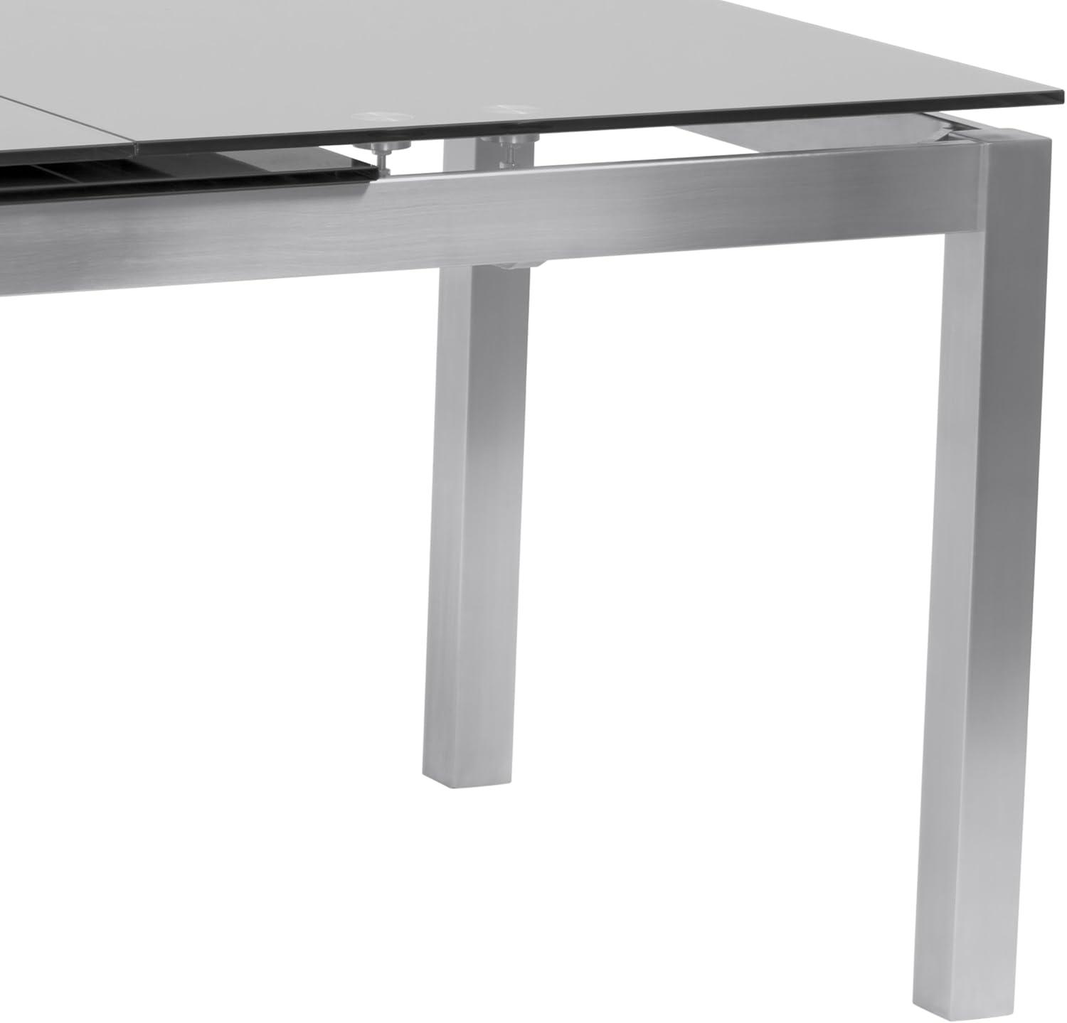 Armen Living IvanExtendable Dining Table in Brushed Stainless Steel and Gray Tempered Glass Top: Modern Self-Storing Leaf, Seats 6