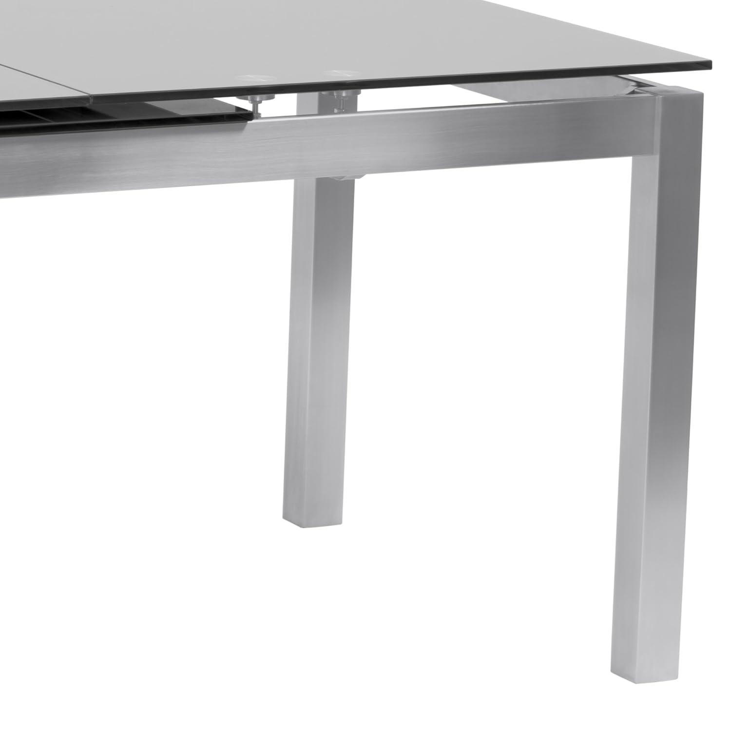 Armen Living IvanExtendable Dining Table in Brushed Stainless Steel and Gray Tempered Glass Top: Modern Self-Storing Leaf, Seats 6