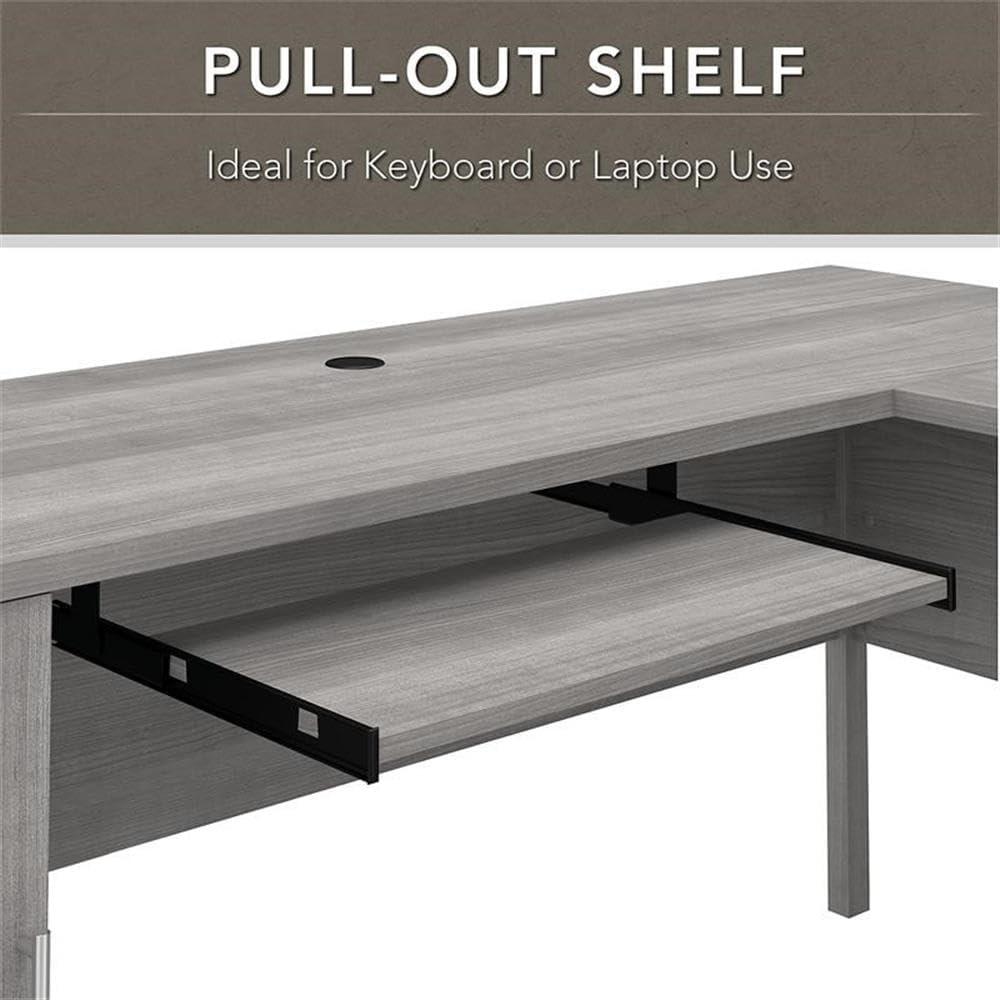 Platinum Gray L-Shaped Wood Desk with Drawer and Keyboard Tray