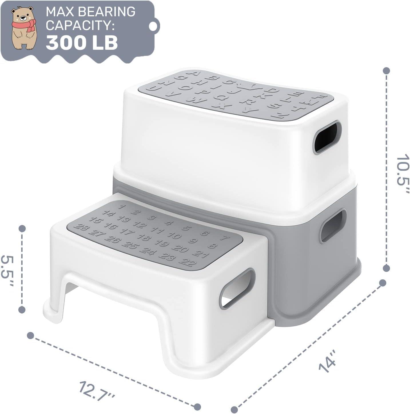 Toddler Step Stool for Toilet, Two Step Stool for Kids Bathroom with Handle for Potty Training, Non-Slip Girls Small Heavy Duty Plastic Stool for Sink Bed Kitchen Counter(Grey)