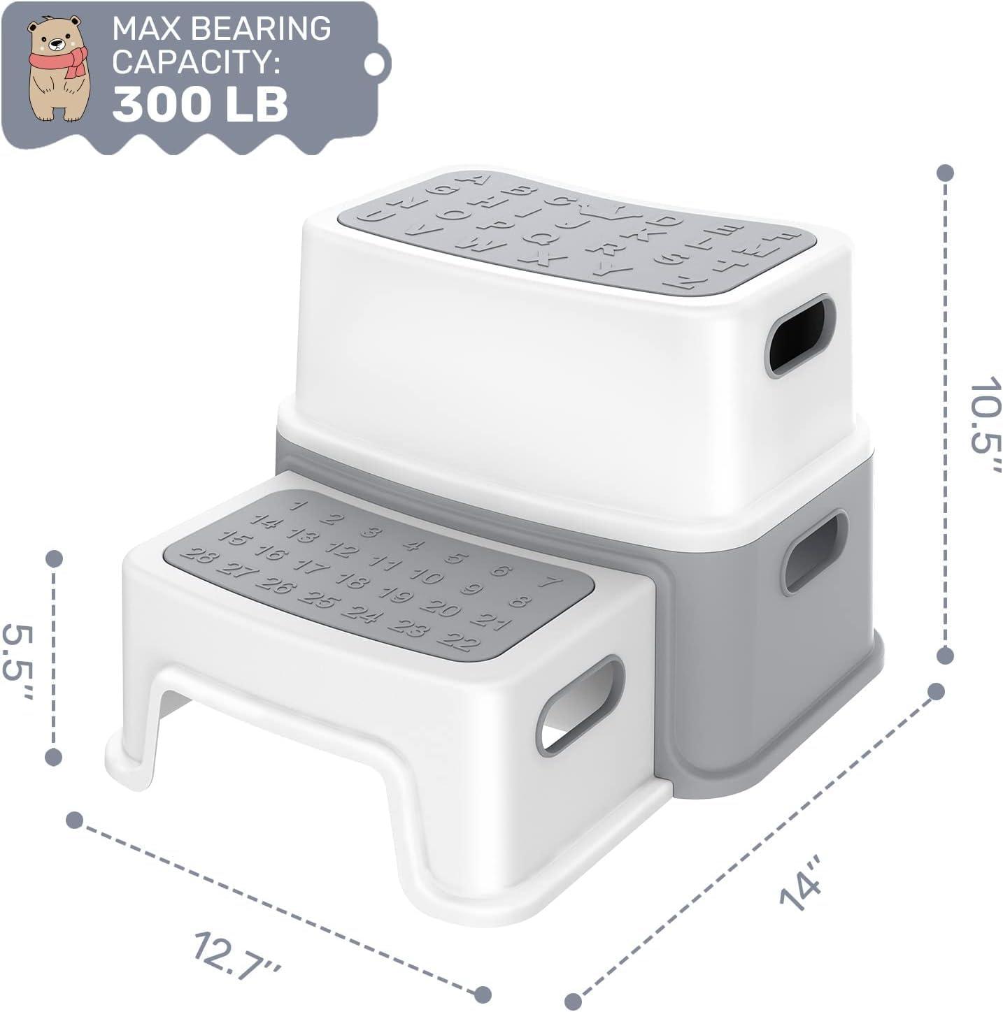 Toddler Step Stool for Toilet, Two Step Stool for Kids Bathroom with Handle for Potty Training, Non-Slip Girls Small Heavy Duty Plastic Stool for Sink Bed Kitchen Counter(Grey)