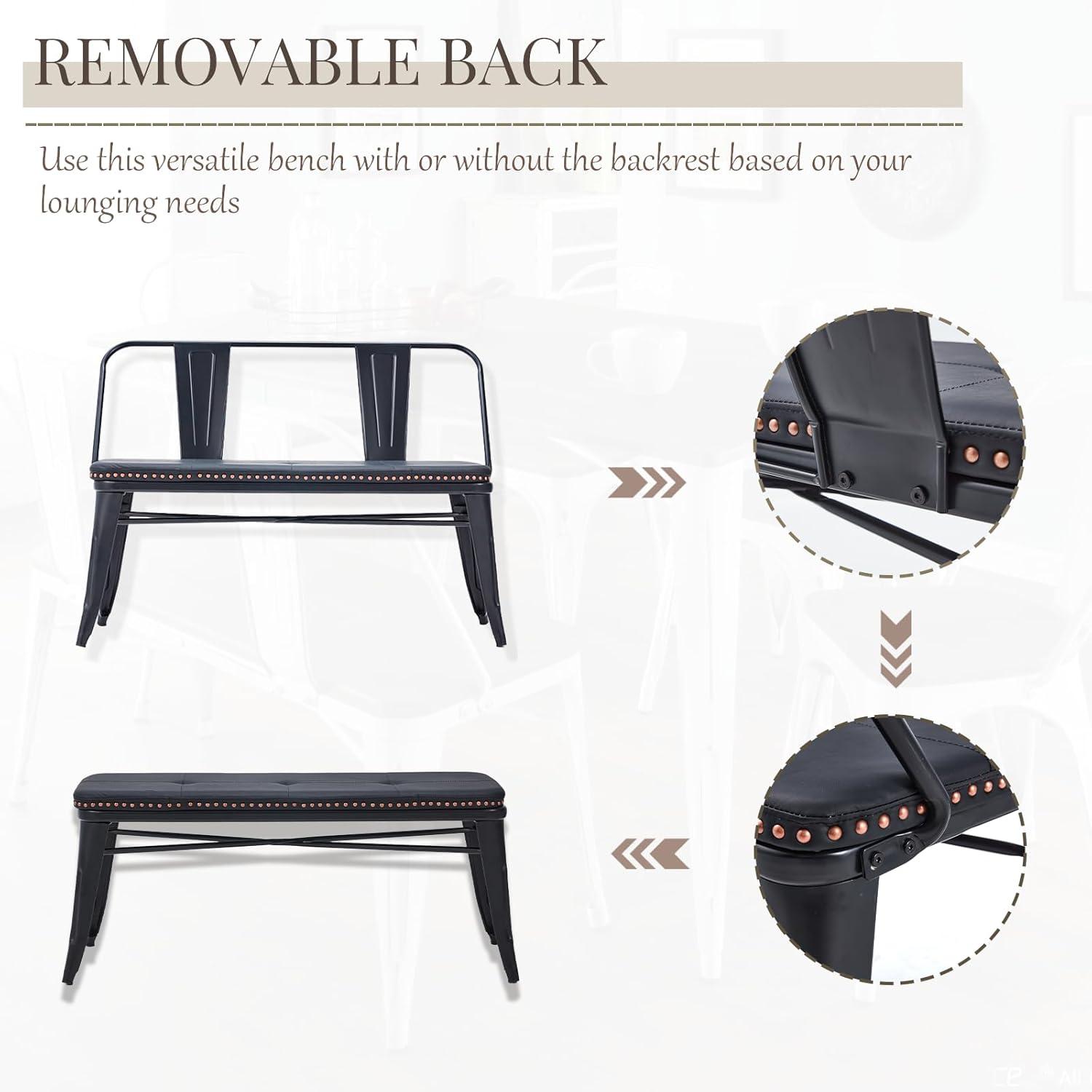 YOLENY Dining Bench, Entryway Bench with Back, Farmhouse Metal Dining Bench, Industrial Mid-Century 3 Person Rustic Spindle Bench, with Leather Seat, Removable Backrest, 42in, Black